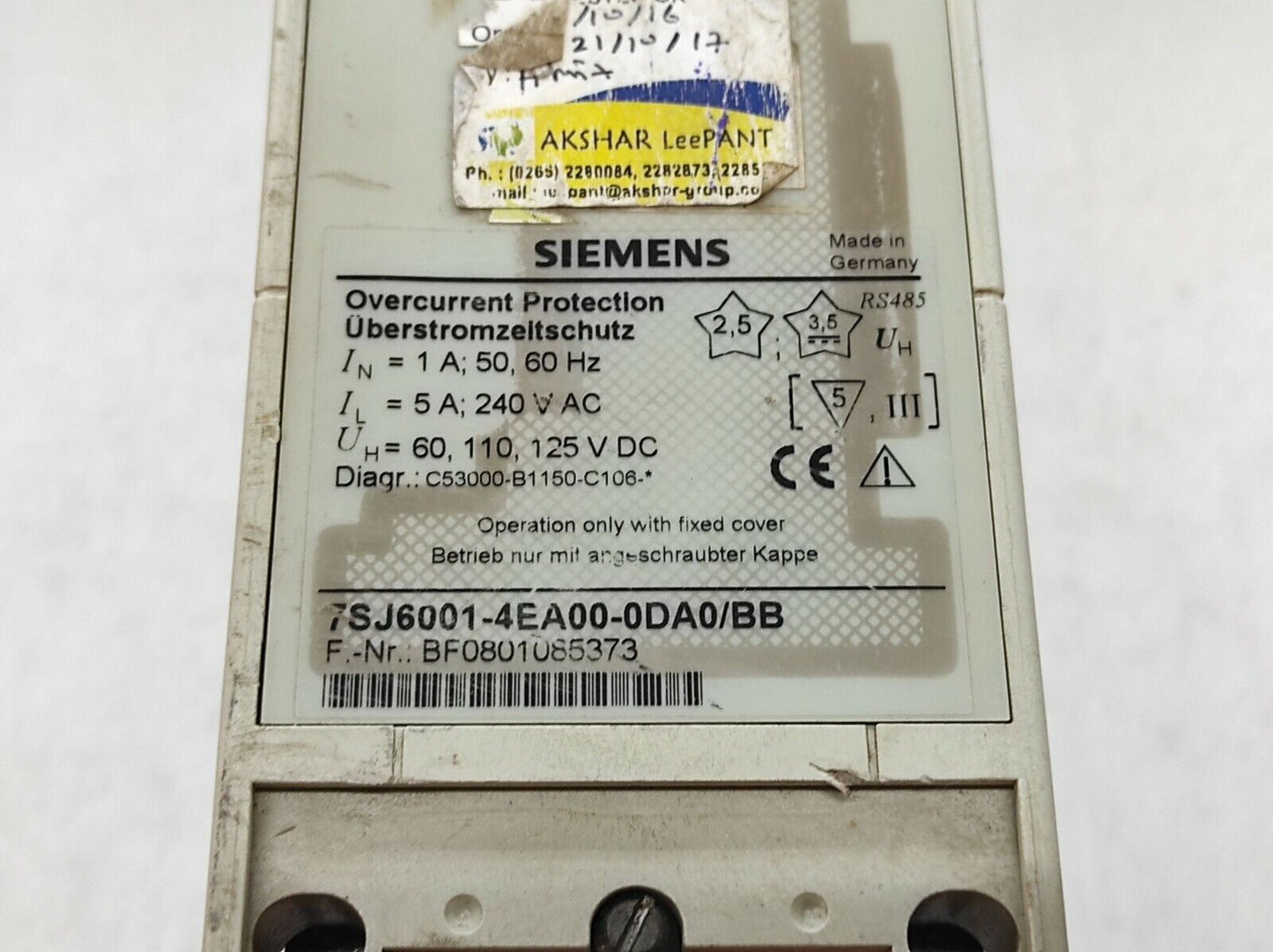 SIEMENS 7SJ6001-4ES00-0DA0/BB OVERCURRENT PROTECTION 