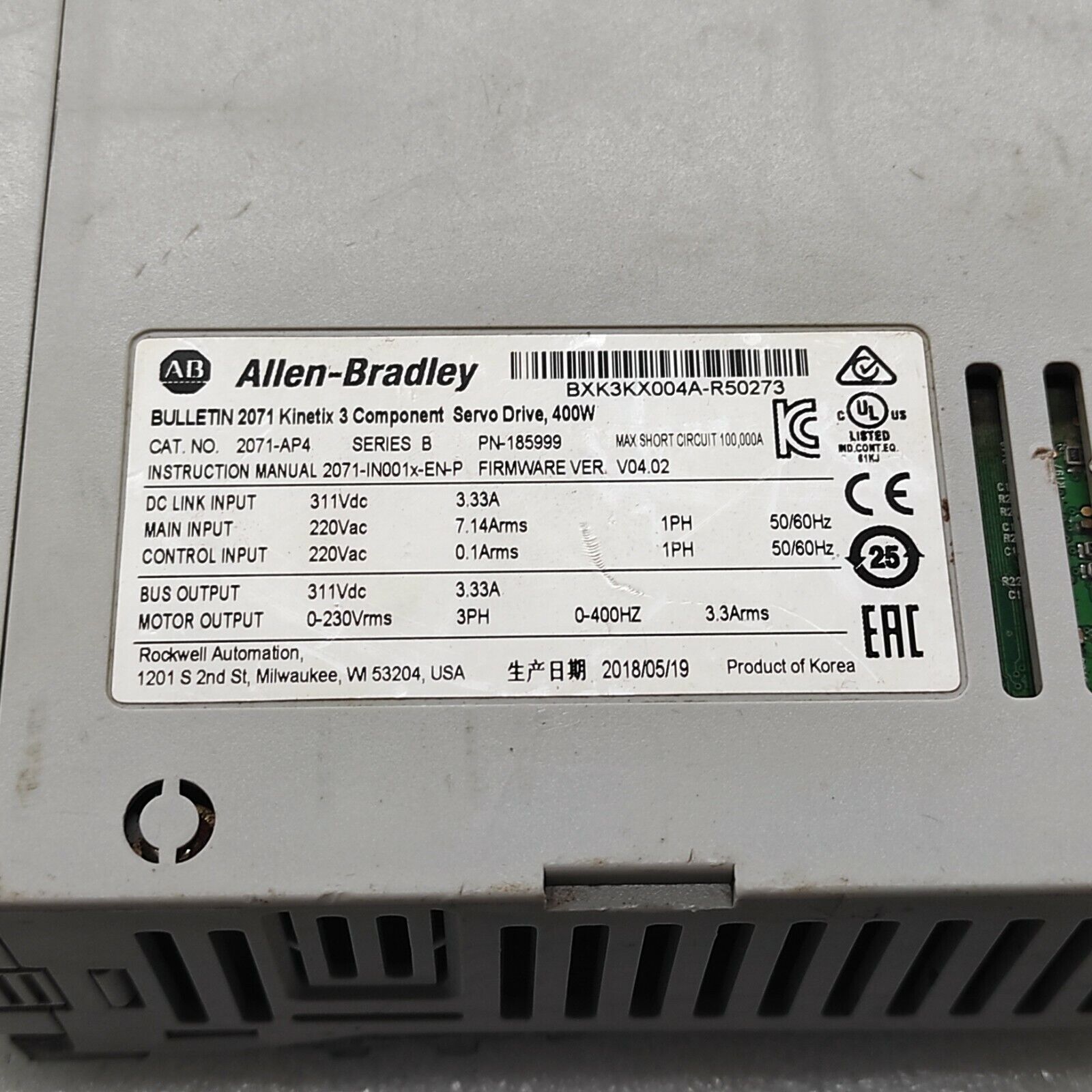 ALLEN BRADLEY 2071-AP4 SERVO DRIVE 185999