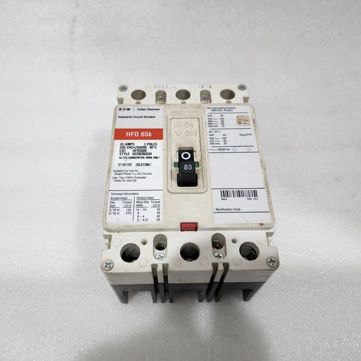 EATON CUTLER HAMMER HFD3080 80A INDUSTRIAL CIRCUIT BREAKER 600VAC/250VDC HFD 65K