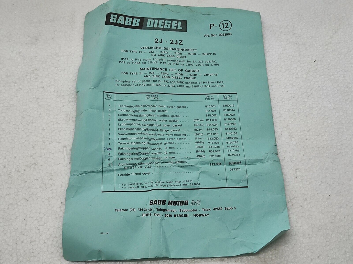SAAB DIESEL 2J-2JZ PACKING SET 0033993