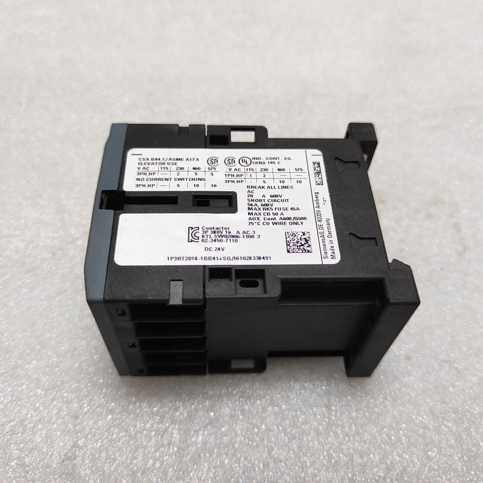 SIEMENS 3RT2018-1BB41 3-POLE 16A POWER CONTACTOR 24VDC