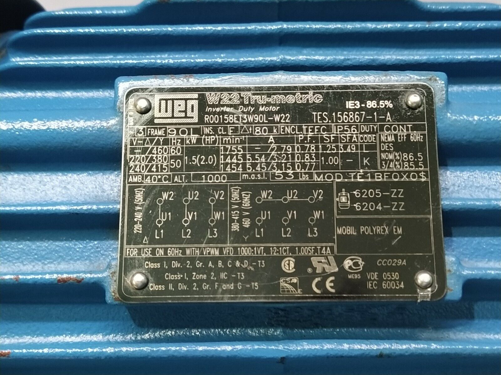 WEG R00158ET3W90L-W22 INVERTER DUTY MOTOR 2-HP 1755-RPM 460V