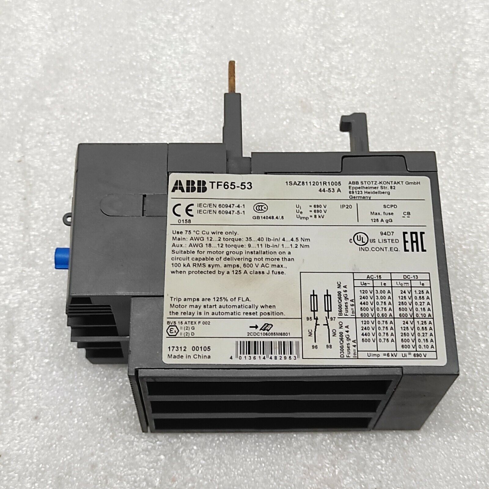 ABB TF 65-53 THERMAL OVERLOAD RELAY 1SAZ811201R1005 44-53A