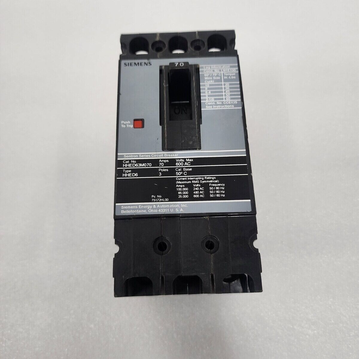 Siemens HHED63M070 3-POLE Schutzschalter 70A 600V HHED6