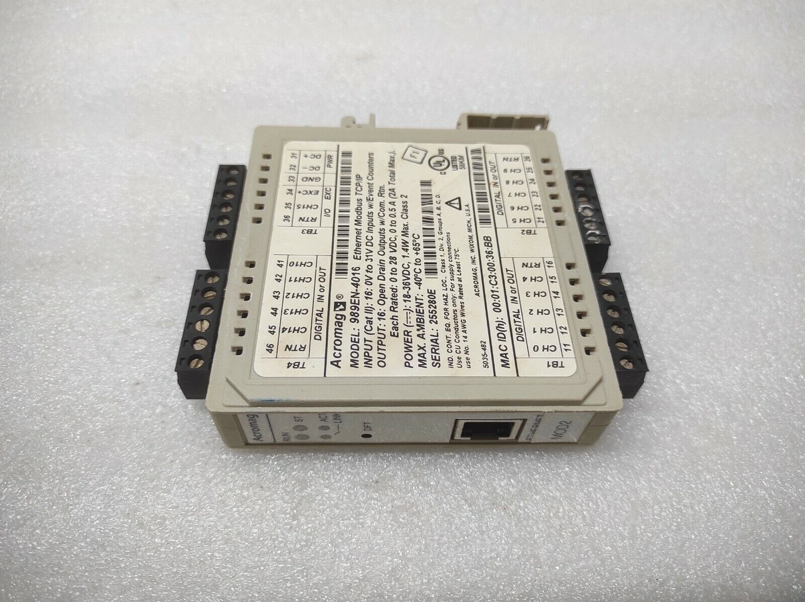 ACROMAG 989EN-4016 ETHERNET MODBUS TCP/IP 18-36VDC