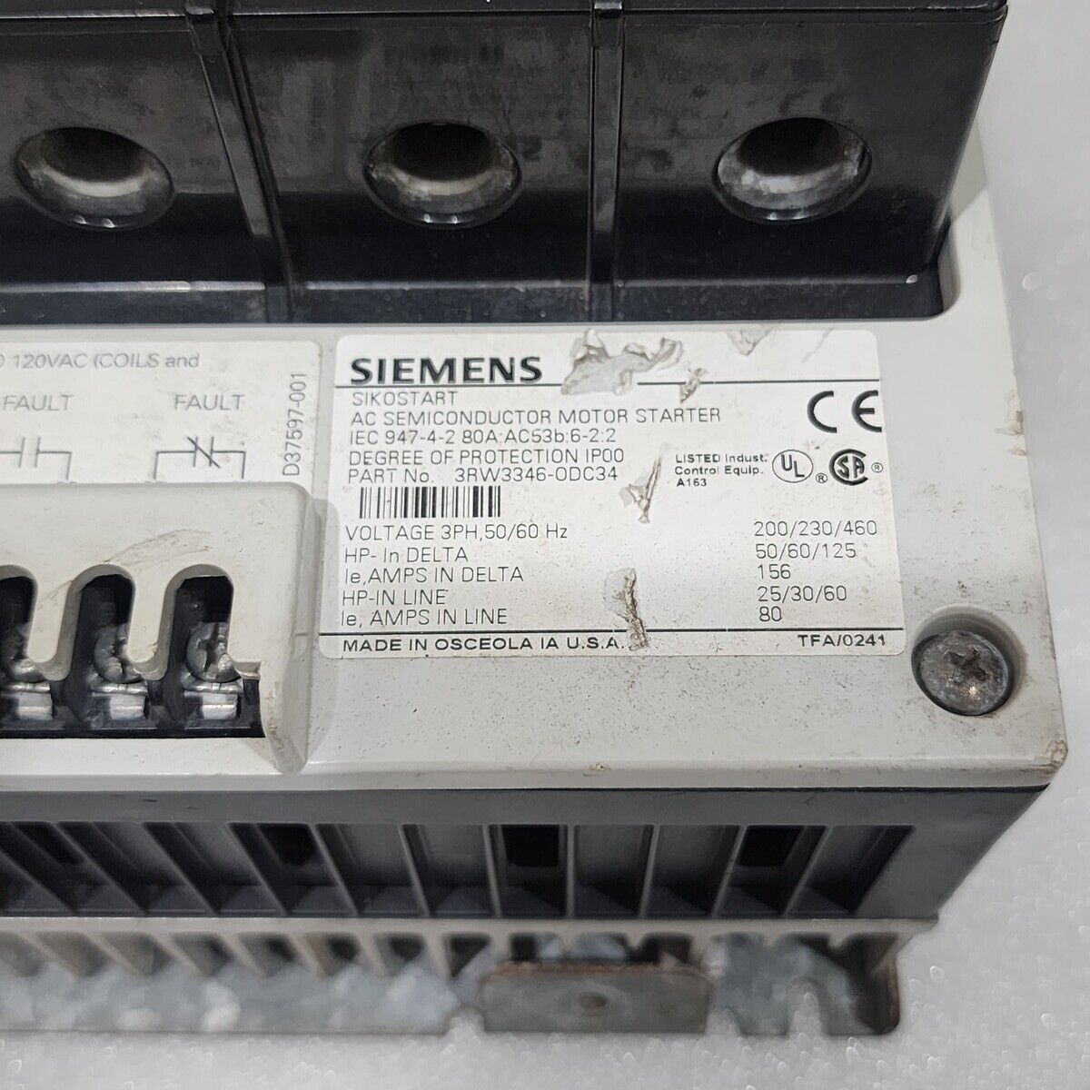 SIEMENS 3RW3346-0DC34 AC SEMICONDUCTOR MOTOR STARTER 80A 480V