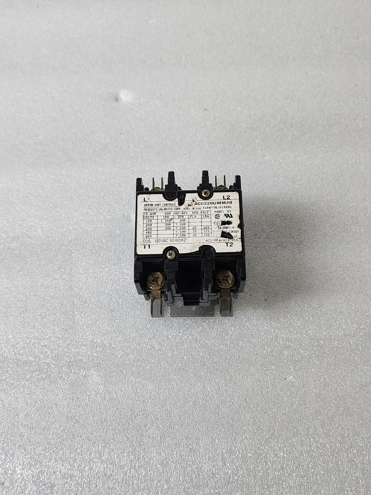 ARROW HART CONTROLS ACC220UMM20 3-POLE CONTACTOR 25A COIL VOLTAGE 120V