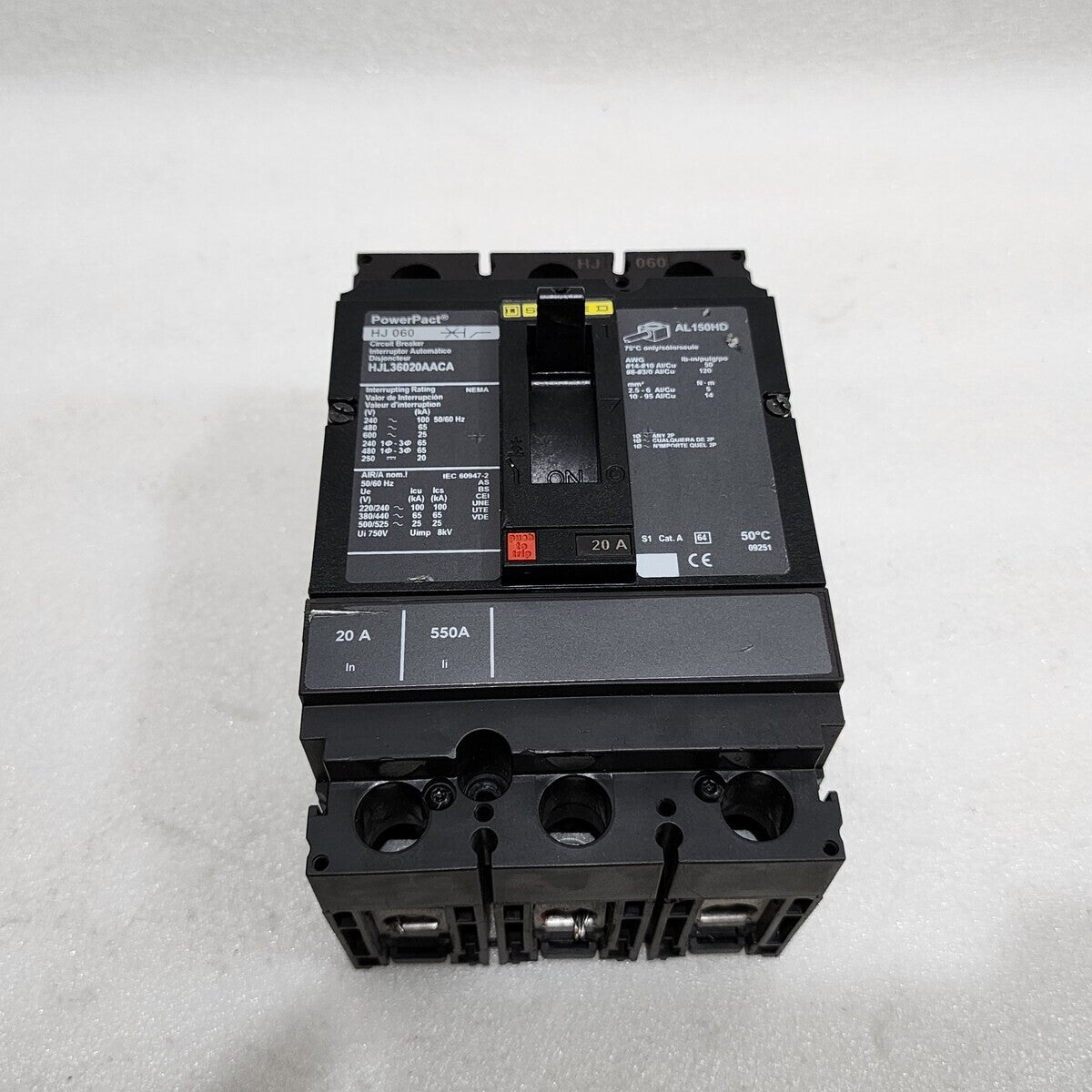 SQUARE D HJ 0 60 POWERPACT CIRCUIT BREAKER 20A HJL36020AACA