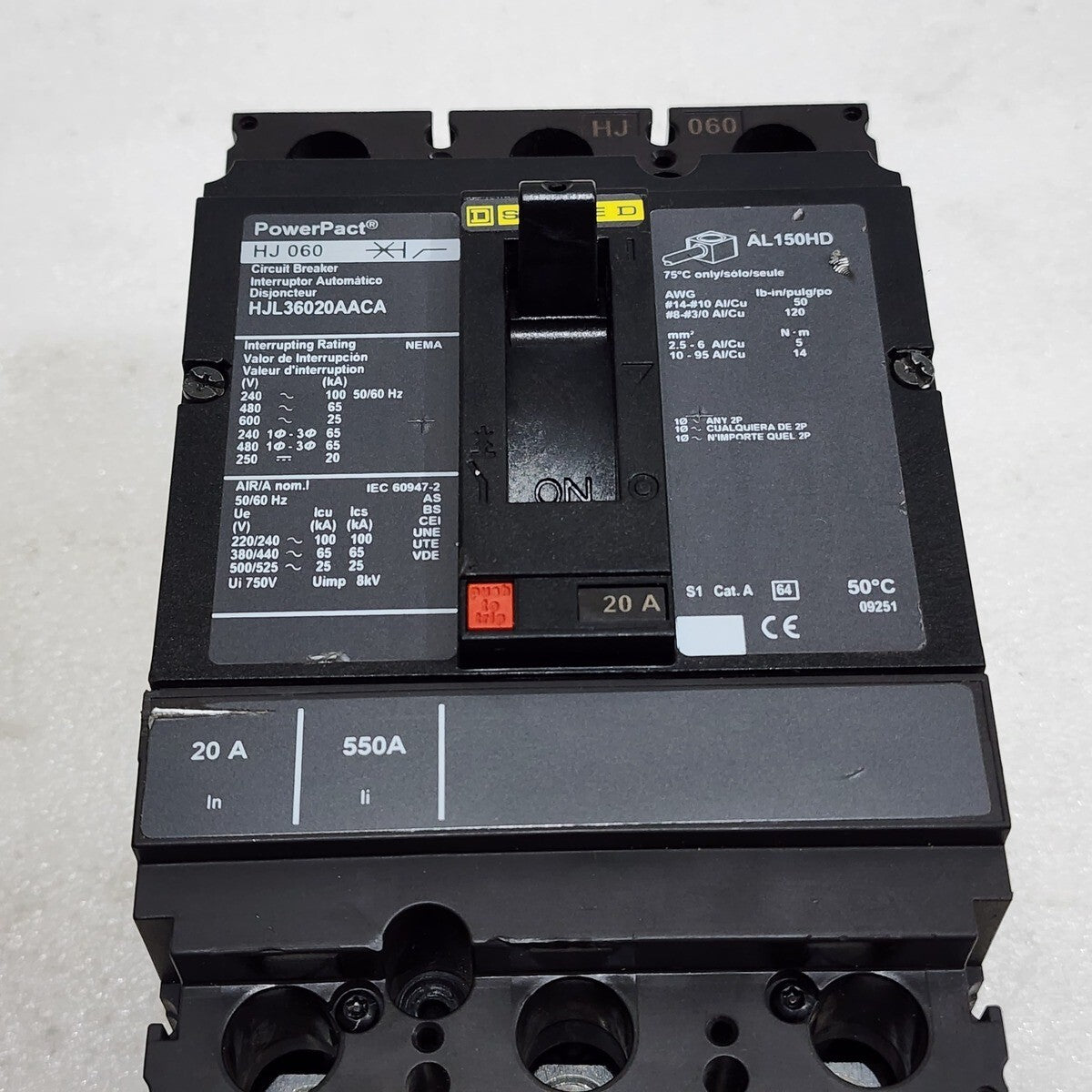 SQUARE D HJ 0 60 POWERPACT CIRCUIT BREAKER 20A HJL36020AACA