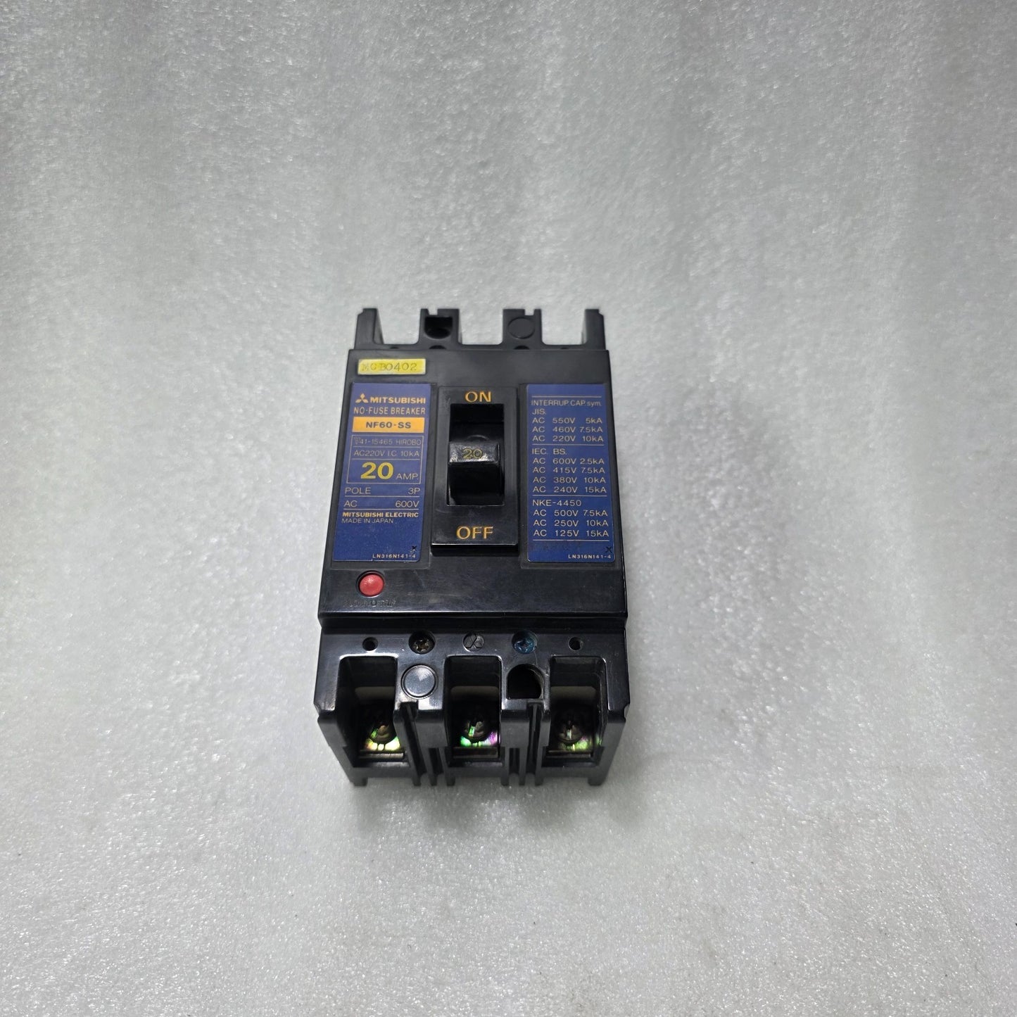 MITSUBISHI NF60-SS NO FUSE BREAKER 20A 3 POLE MCCB 600V AC 10KA