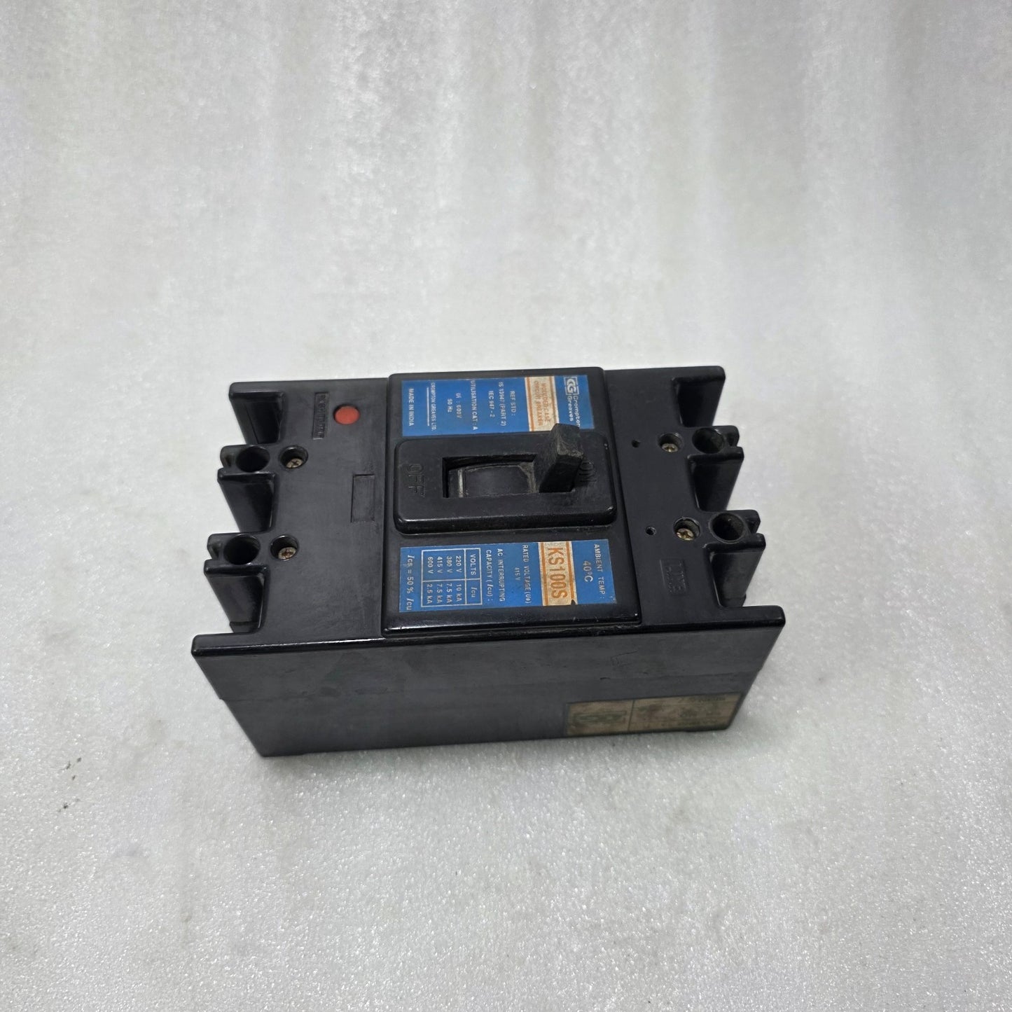 CROMPTON GREAVES KS100S 100A MCCB 3 POLE 415V MOLDED CASE CIRCUIT BREAKER 10KA