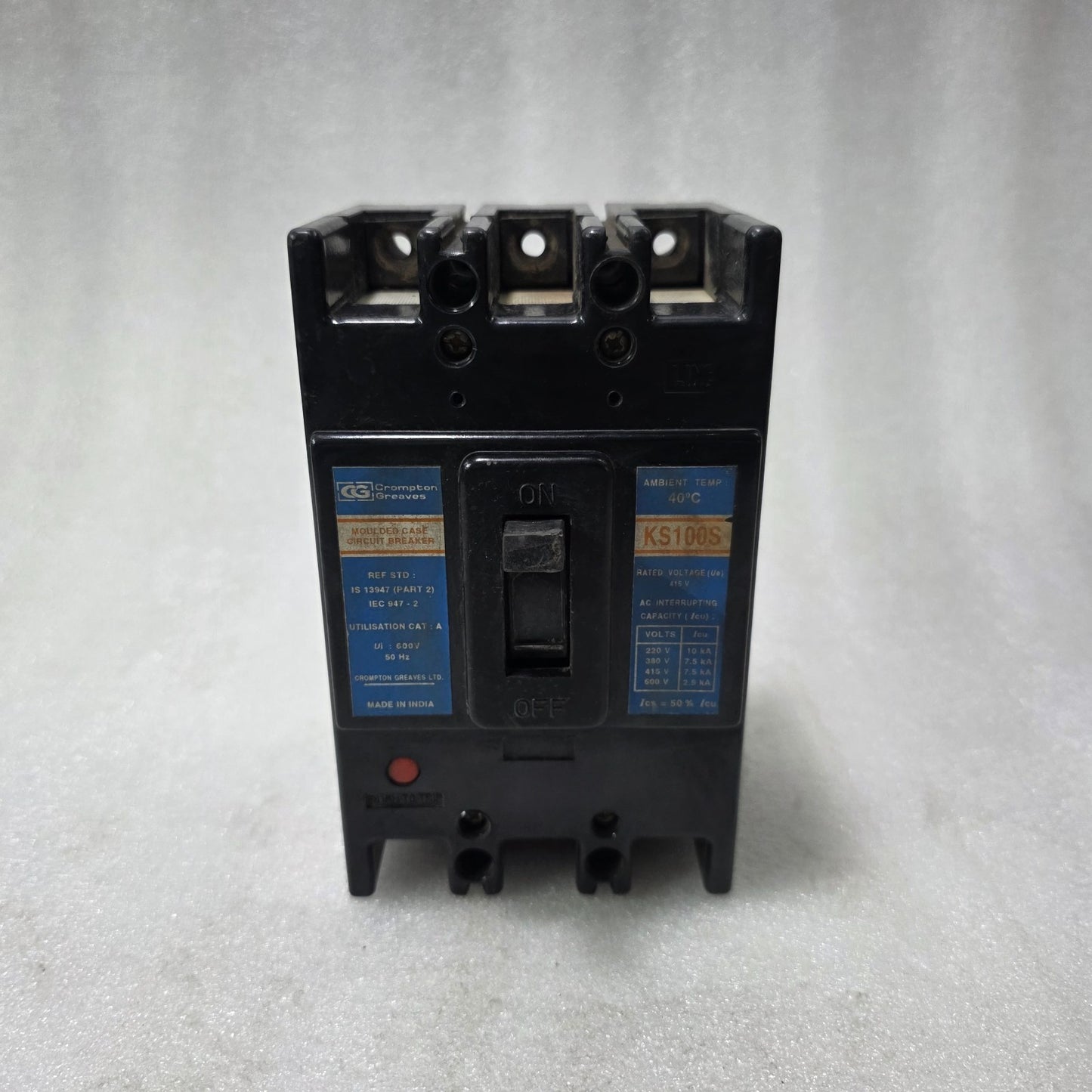 CROMPTON GREAVES KS100S 100A MCCB 3 POLE 415V MOLDED CASE CIRCUIT BREAKER 10KA