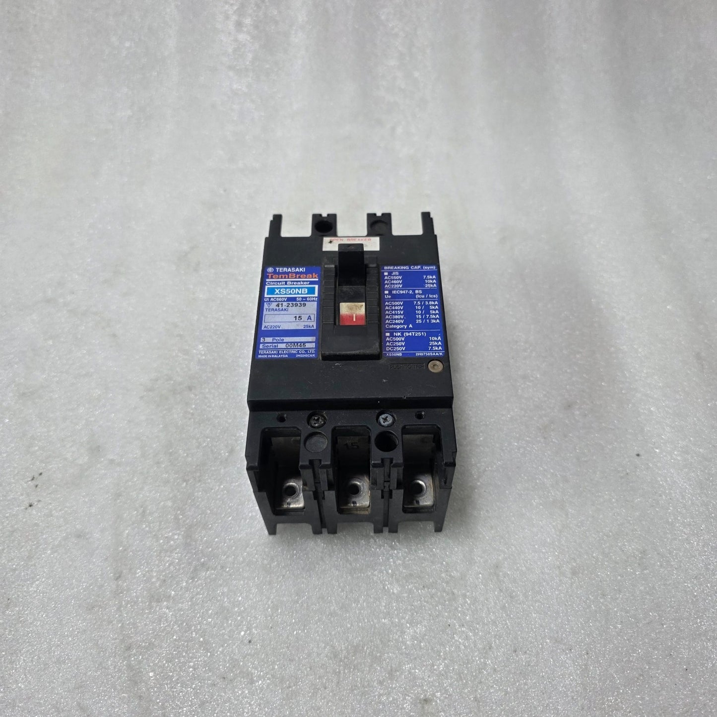 TERASAKI TEMBREAK XS50NB 15A 3 POLE MCCB CIRCUIT BREAKER | 660V AC | 25KA BREAKI