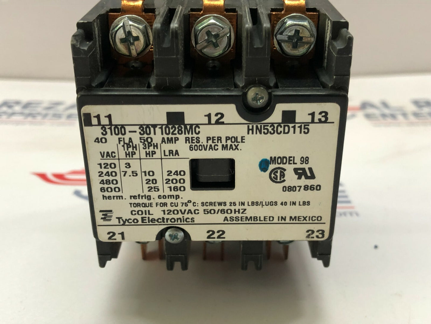 TYCO ELECTRONICS HN53CD115 MAGNETIC CONTACTOR 3100-30T1028MC COIL VOLTAGE 120VAC