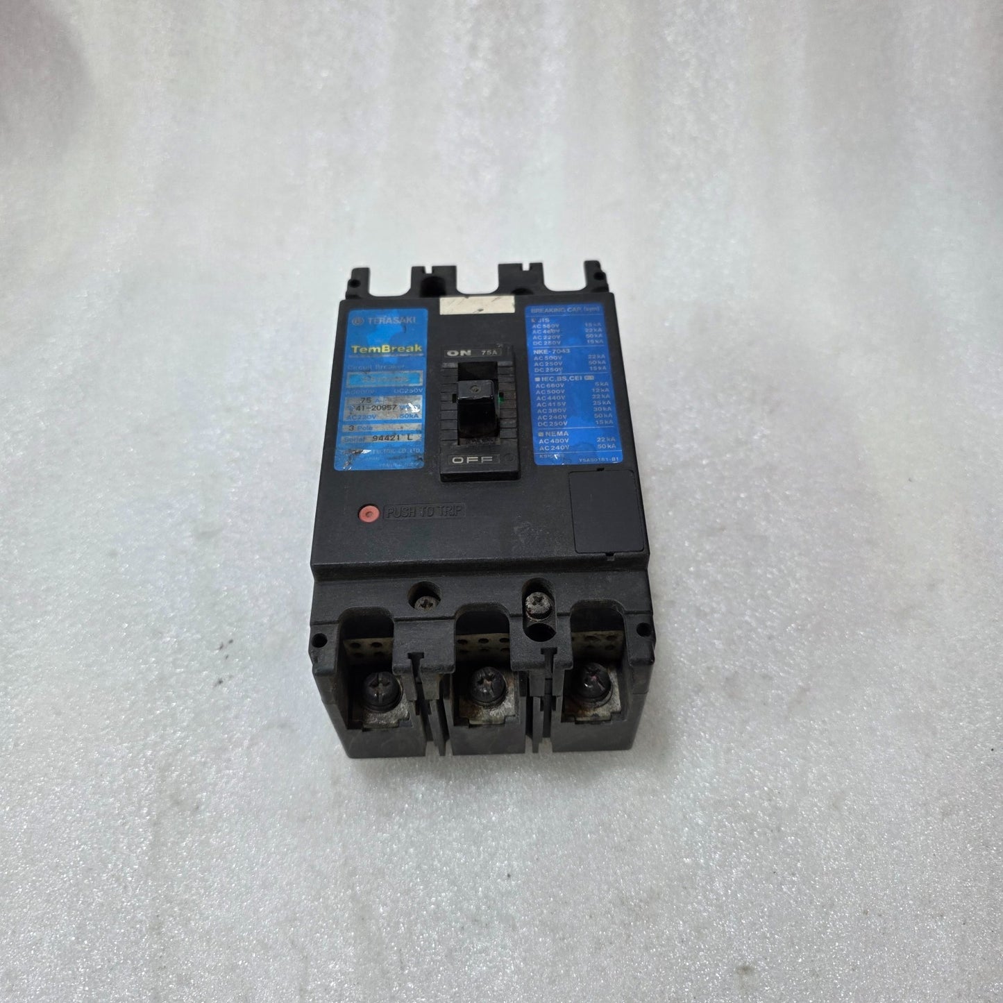 TERASAKI TEMBREAK XS100NS 75A 3 POLE MCCB CIRCUIT BREAKER AC600V / DC250V