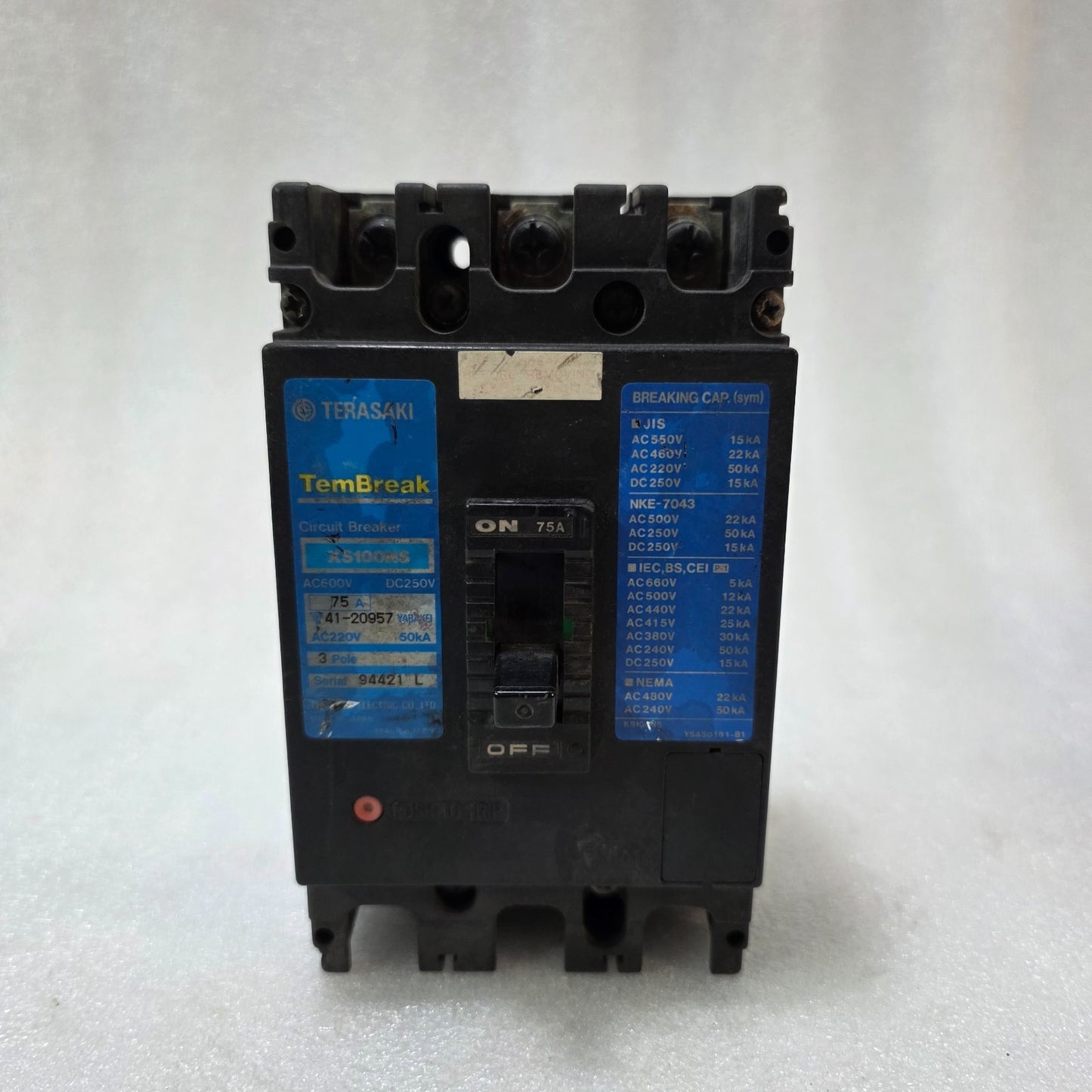 TERASAKI TEMBREAK XS100NS 75A 3 POLE MCCB CIRCUIT BREAKER AC600V / DC250V