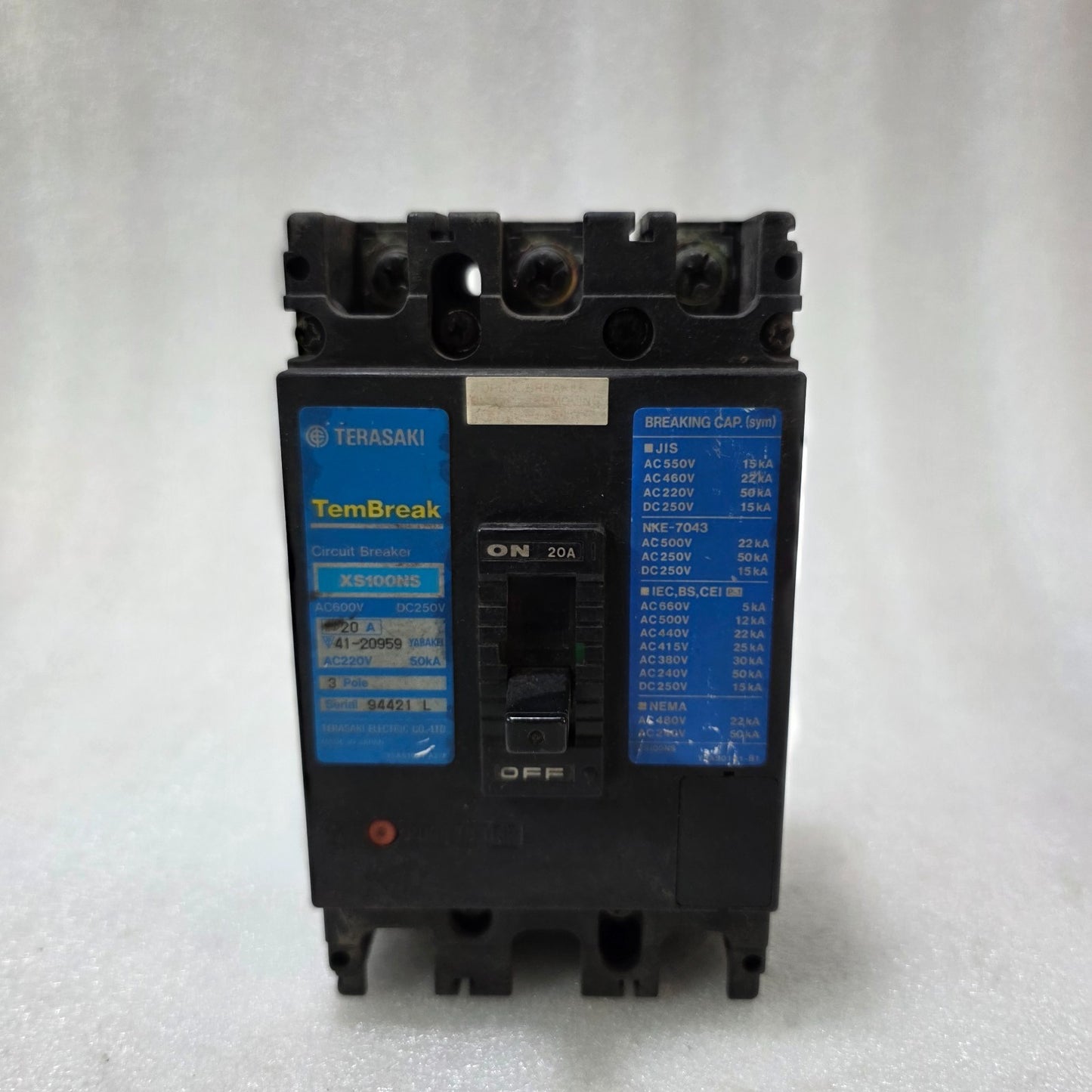 TERASAKI TEMBREAK XS100NS 3 POLE CIRCUIT BREAKER 20A | AC600V / DC250V MCCB