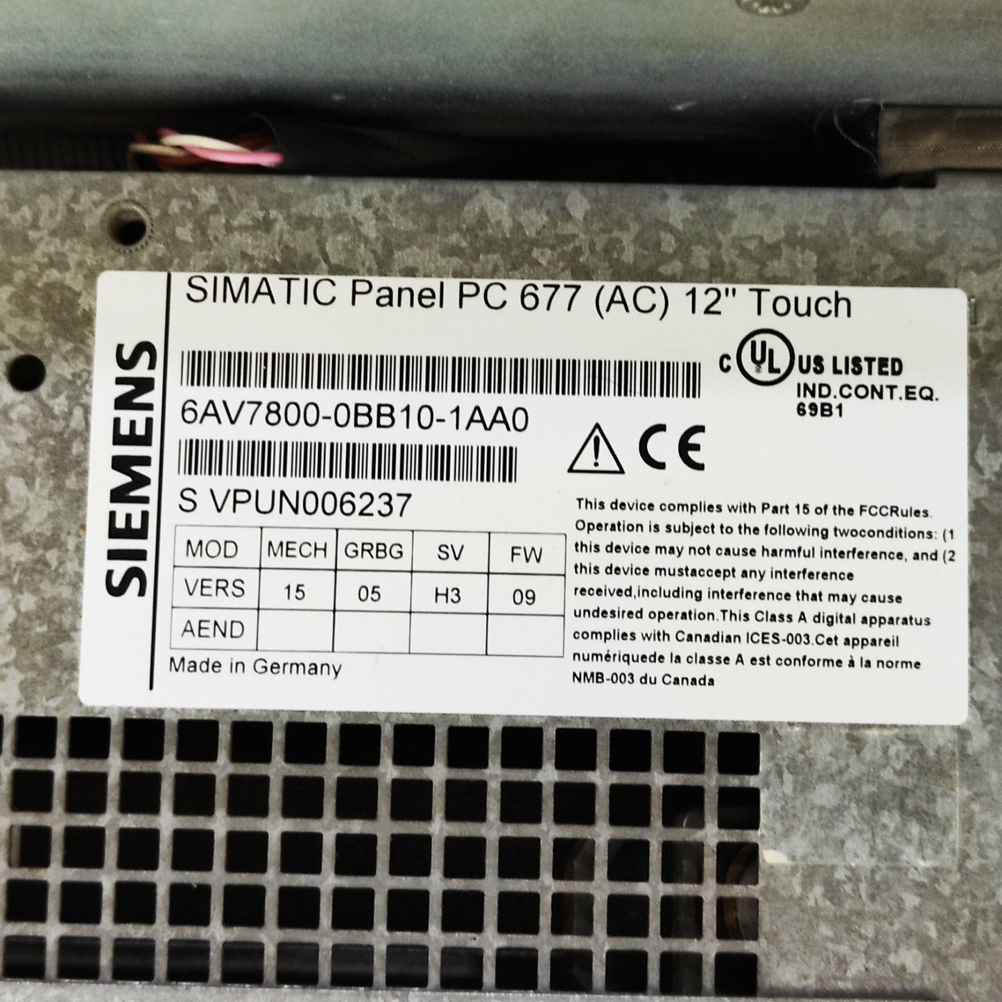 SIEMENS 6AV7800-0BB10-1AA0 12" TOUCH SIMATIC PANEL PC