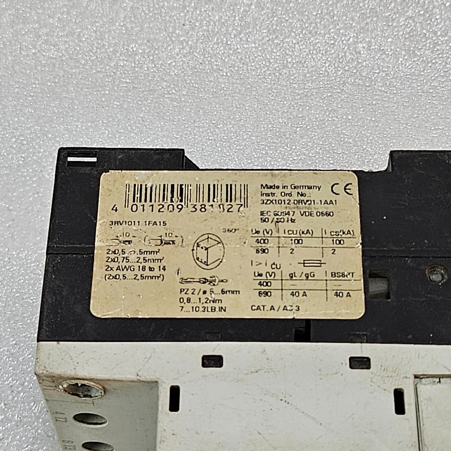 SIEMENS SIRIUS 3RV1011-1FA15 MOTOR PROTECTION CIRCUIT BREAKER MPCB 3.5–5A CLASS