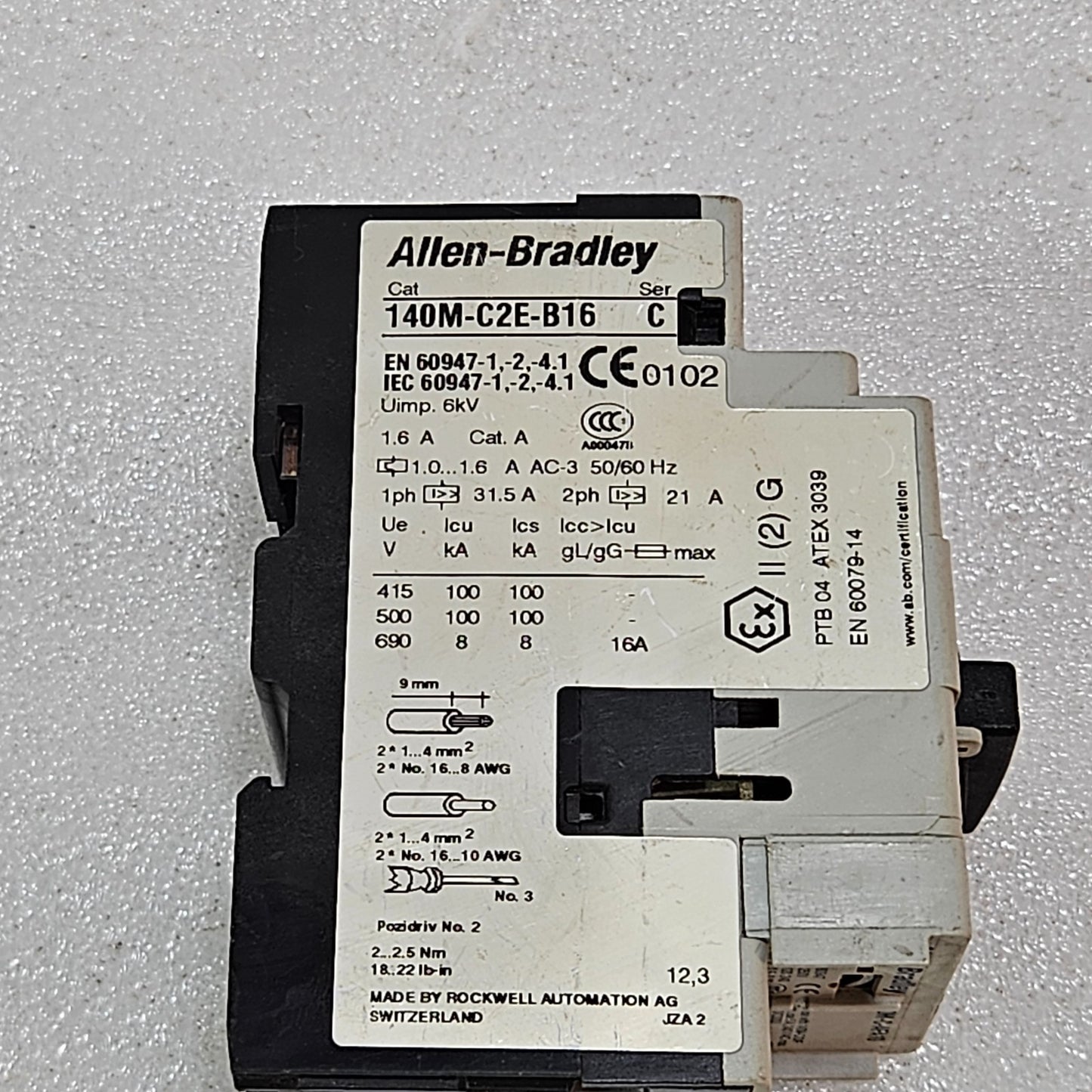 ALLEN-BRADLEY 140M-C2E-B16 MOTOR PROTECTION CIRCUIT BREAKER 1.0–1.6A CLASS 10 MA