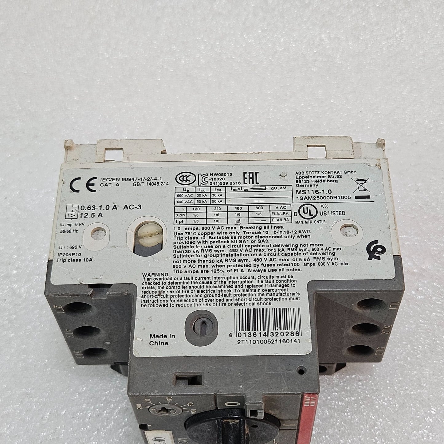 ABB MS116-1.0 MANUAL MOTOR STARTER / MOTOR PROTECTION CIRCUIT BREAKER 0.63–1.0A