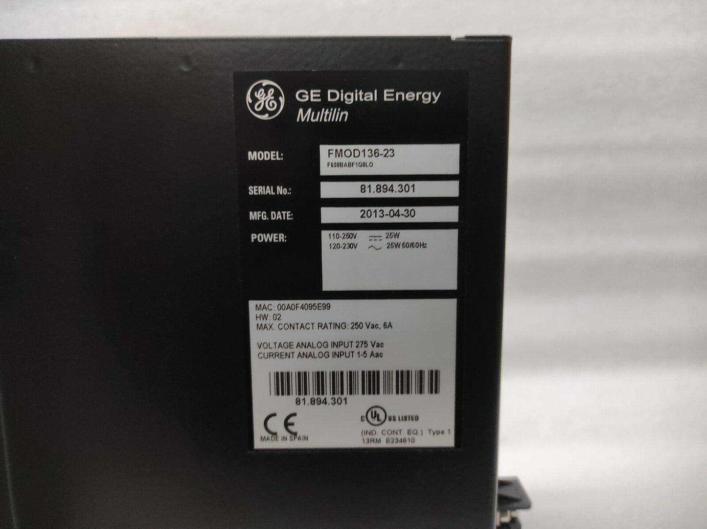 GE MULTILIN 650 FMOD136-23 FEEDER PROTECTION RELAY F650BABF1G0LO 110-250VDC/120-