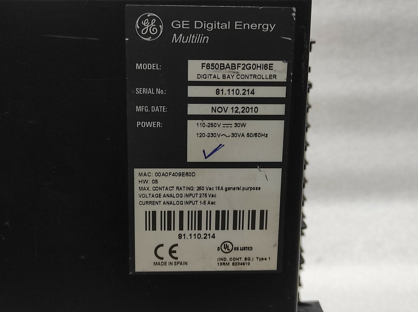 GE MULTILIN F650 F650BABF2G0HI6E BAY CONTROLLER 110-250V/120-230V