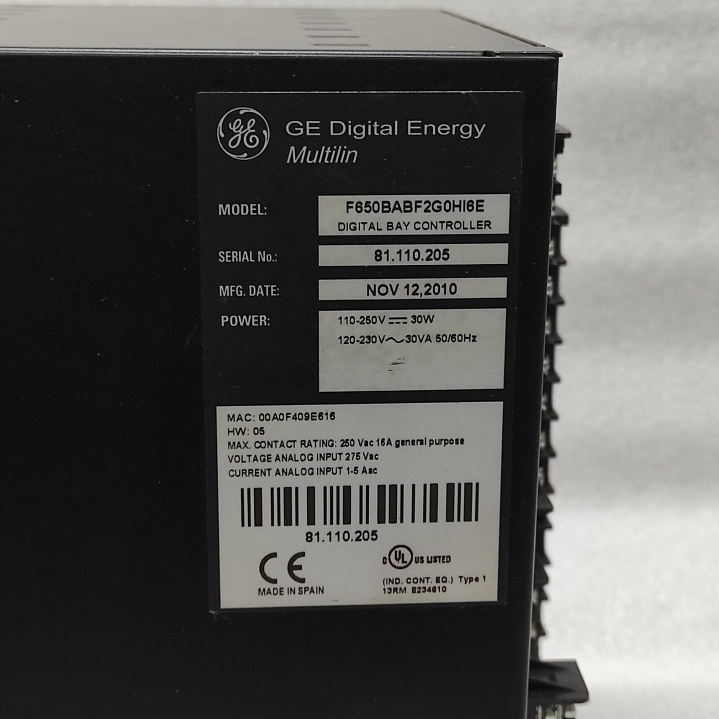 GE MULTILIN F650 F650BABF2G0HI6E DIGITAL BAY CONTROLLER 110-250VDC/120-230VAC