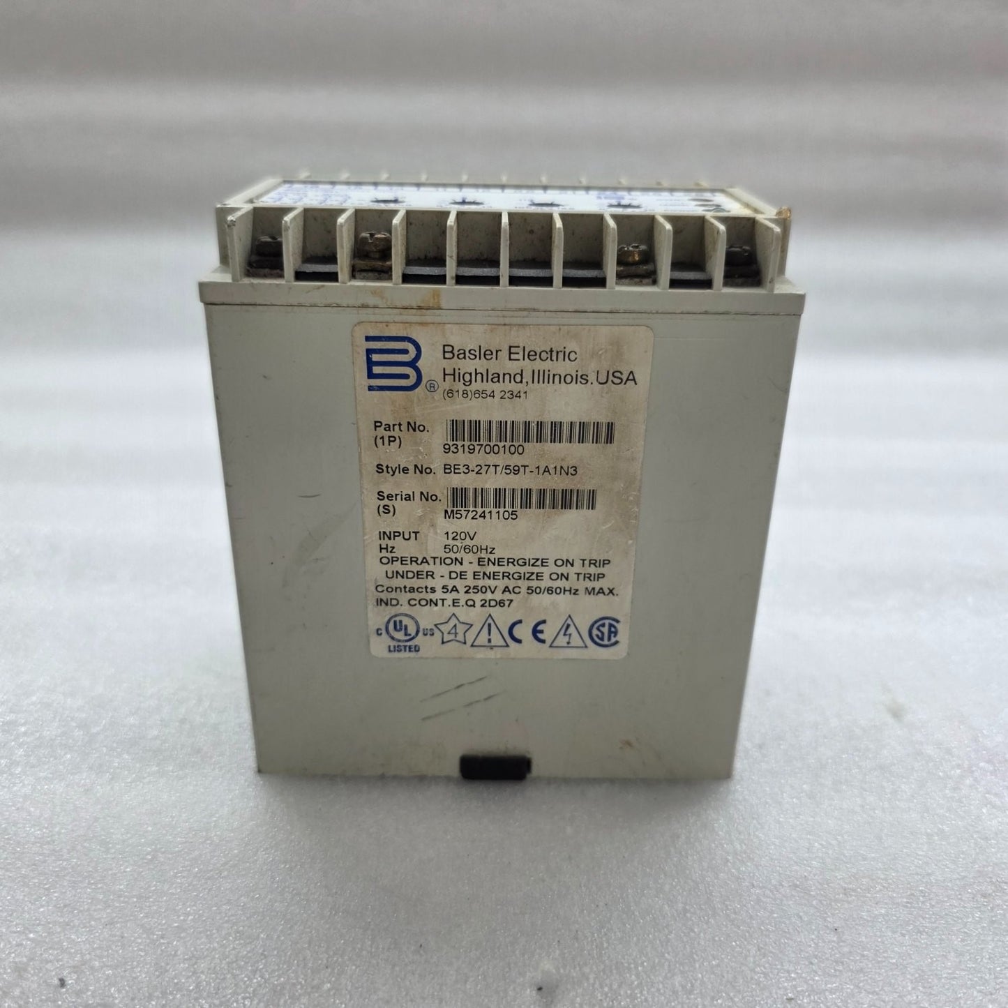 BASLER ELECTRONIC BE3-27T/59T-1A1N3 OVER/UNDER VOLTAGE RELAY 9319700100 120V