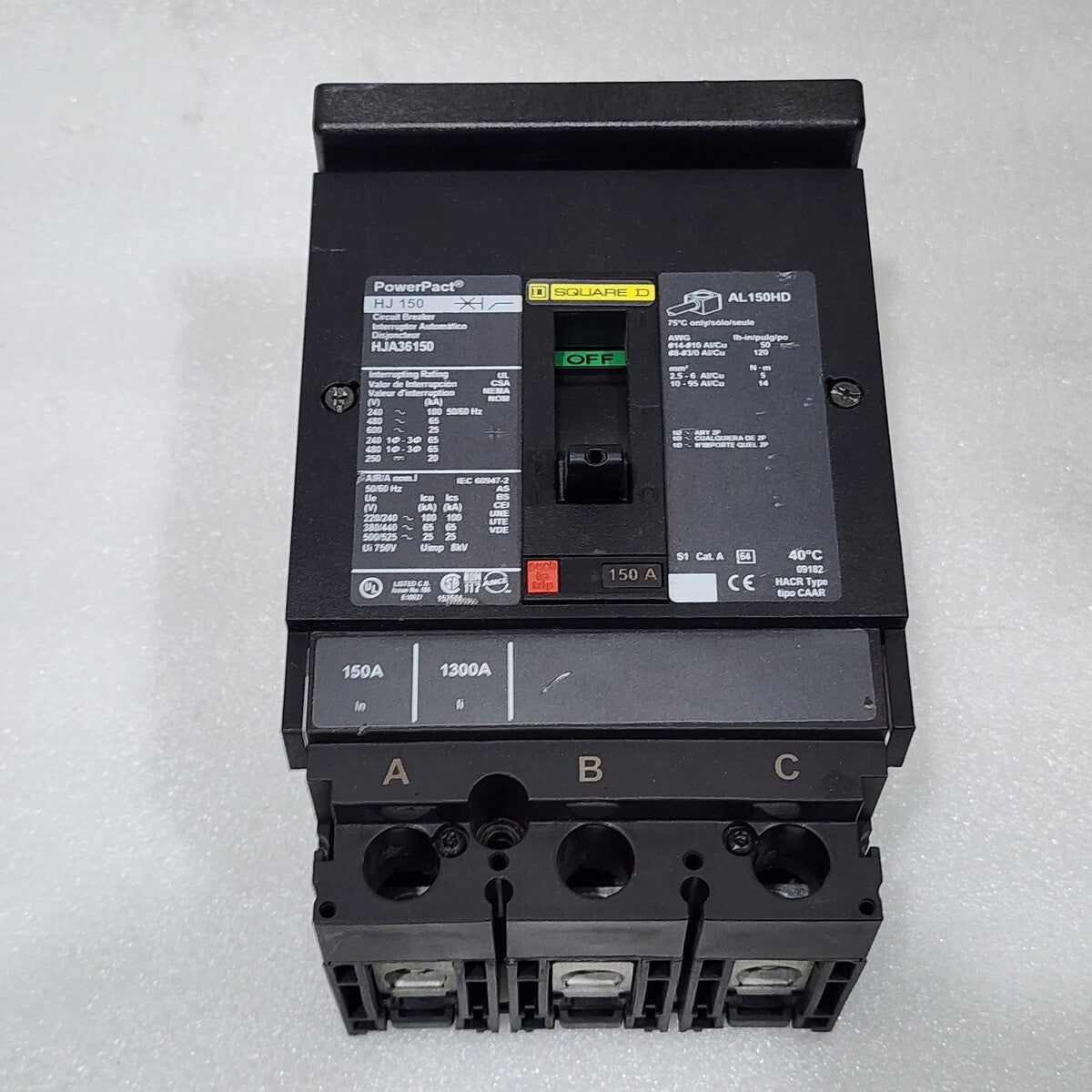 SQUARE D HJA36150 150A CIRCUIT BREAKER 480VAC 250VDC WITHOUT JAWS & PROTECTOR