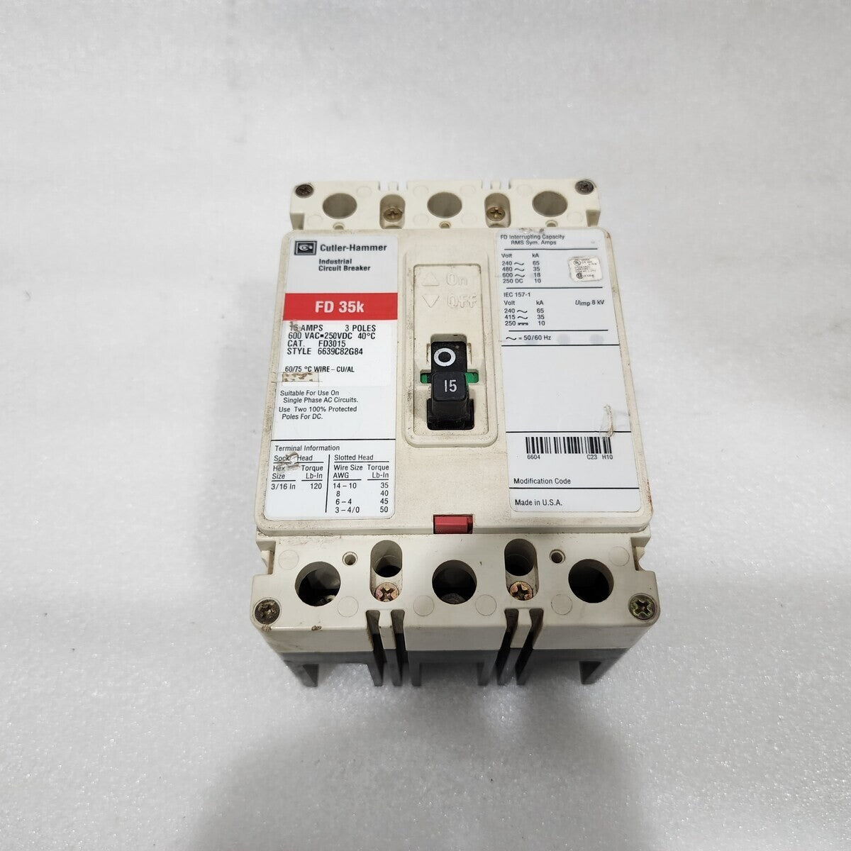EATON CUTLER HAMMER FD3015 15A INDUSTRIAL CIRCUIT BREAKER 600VAC/250VDC HD 35K