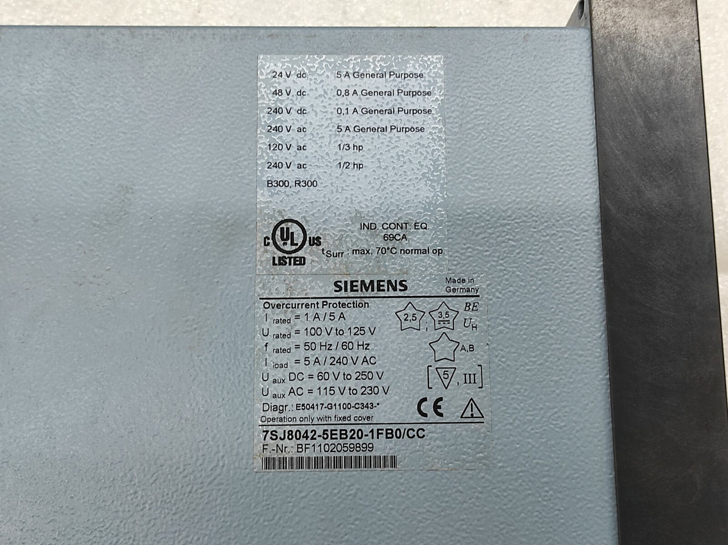 SIEMENS 7SJ8042-5EB20-1FB0/CC OVERCURRENT PROTECTION RELAY
