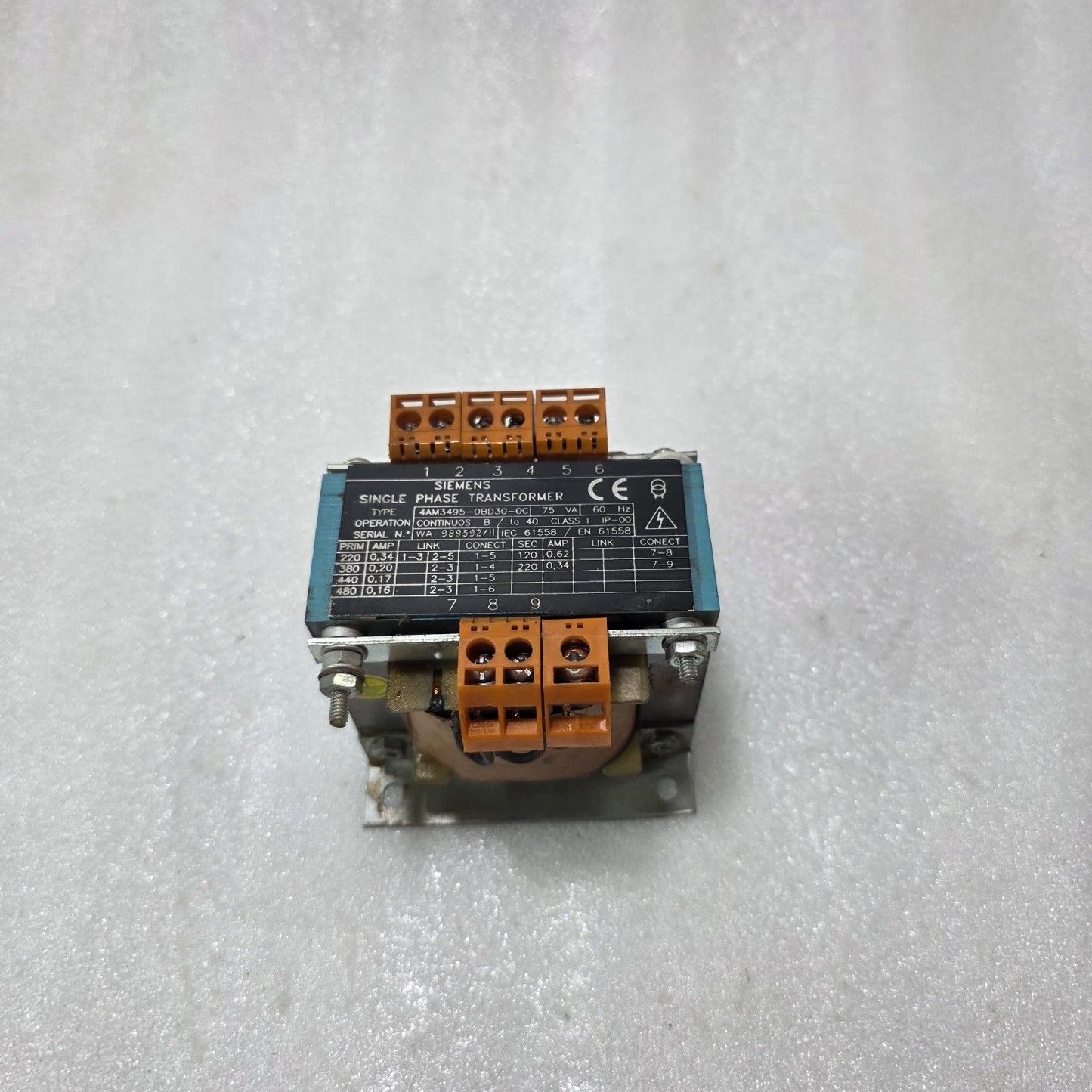SIEMENS 4AM3495-0BD30-0C SINGLE PHASE TRANSFORMER 75VA | 220-480V TO 120/220V