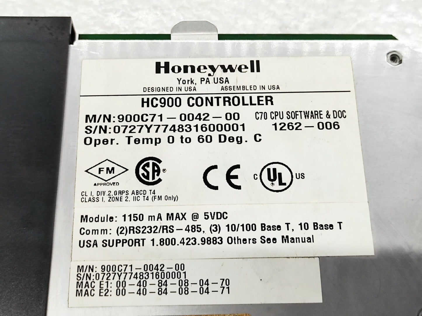 Honeywell HC900 Controller 900C71-0042-00 C70 CPU 900C71004200