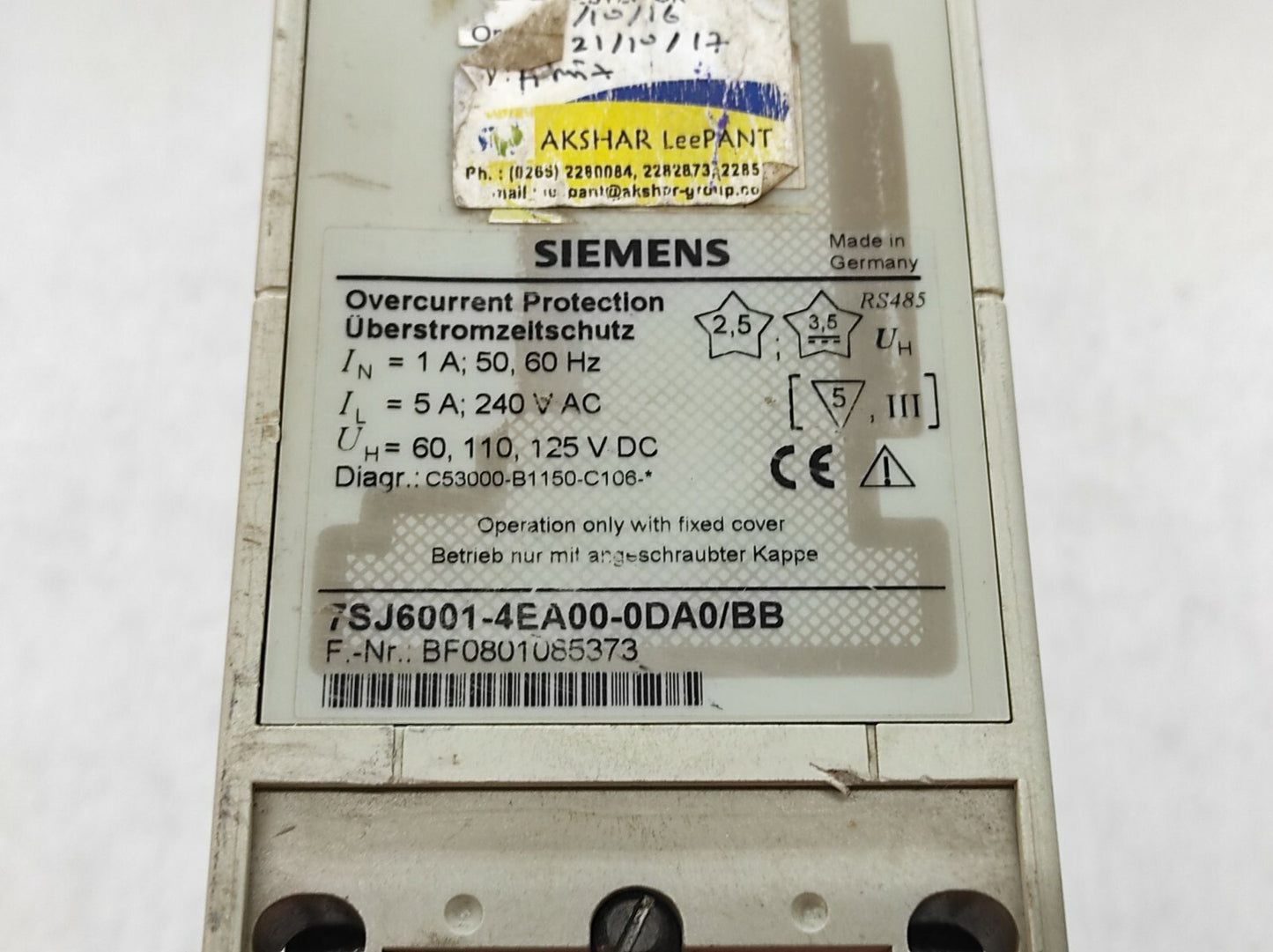 SIEMENS 7SJ6001-4ES00-0DA0/BB OVERCURRENT PROTECTION
