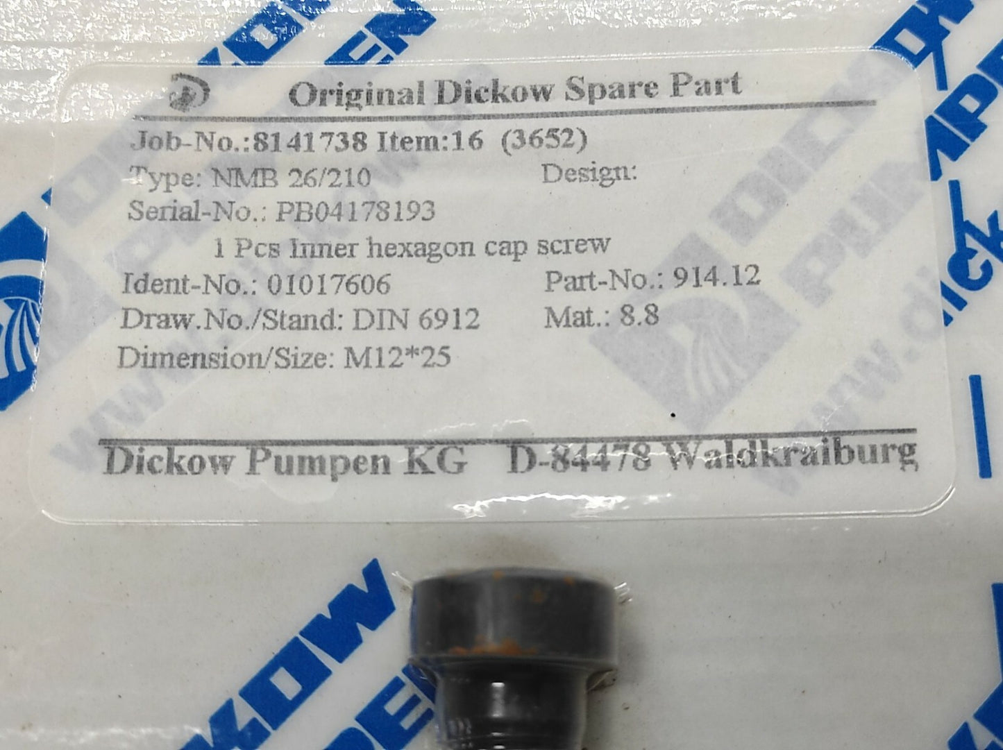 Dickow Pumpen NMB 26/210 Inner Hexagon Cap Screw 01017606 914.12
