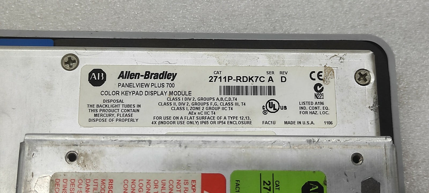 ALLEN BRADLEY PANELVIEW PLUS 700 2711P-RDK7C HMI 2711P-RP1