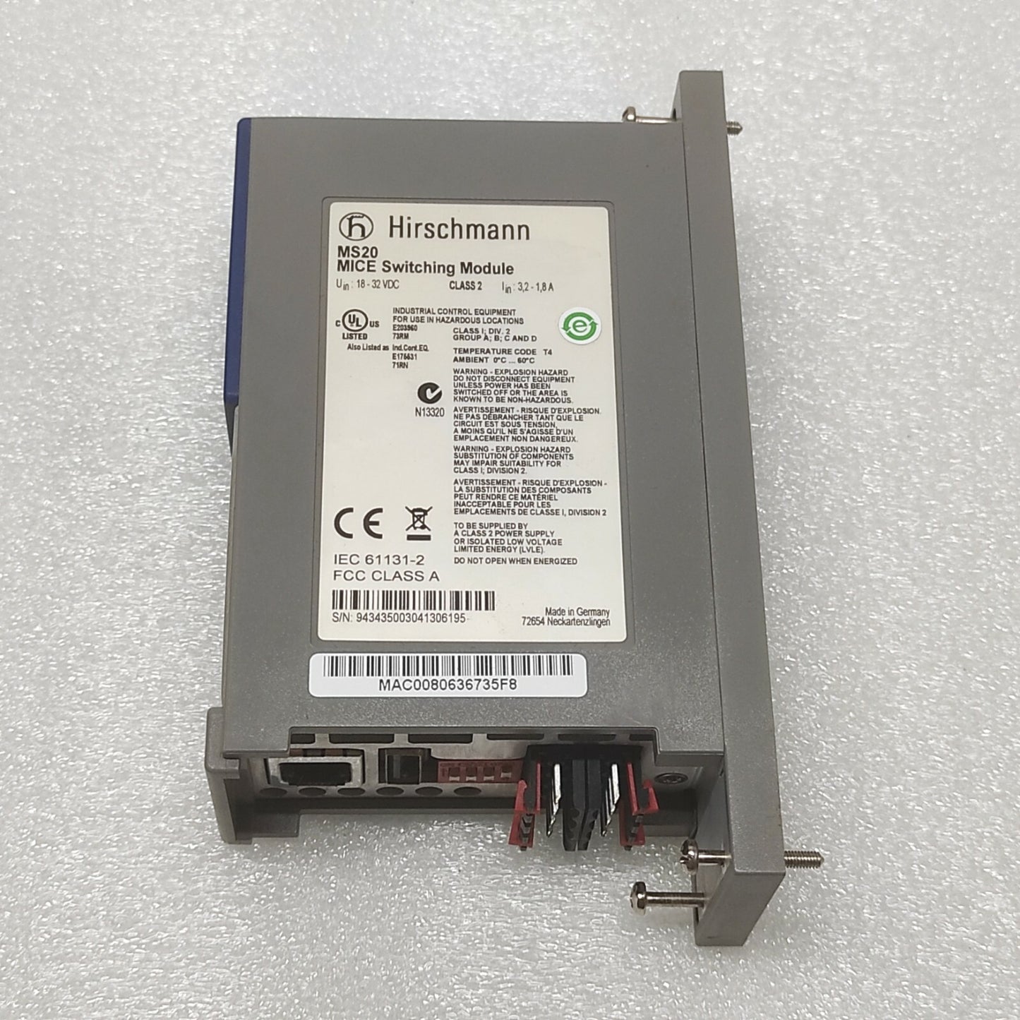 HIRSCHMANN MS20 MICE SWITCHING MODULE 18-32VDC MS20-1600SAAEHH04.0.01