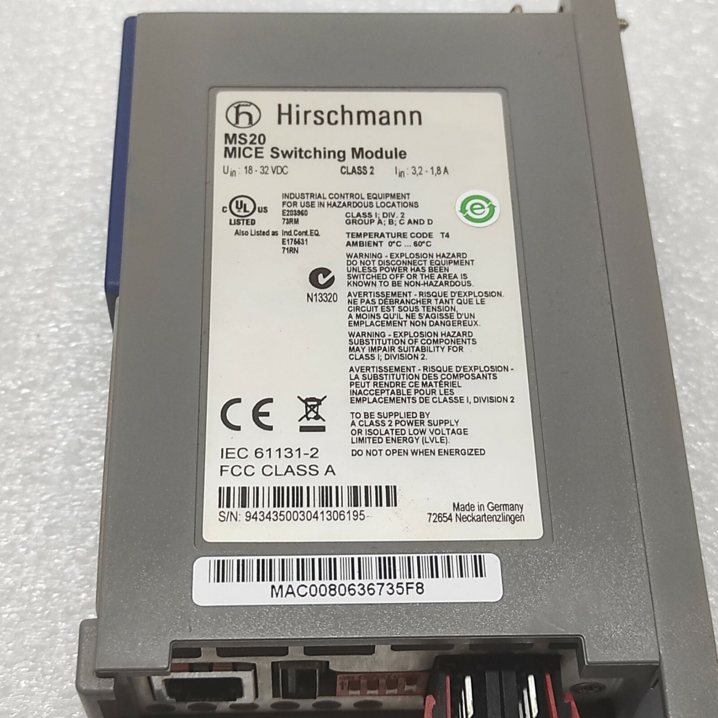 HIRSCHMANN MS20 MICE SWITCHING MODULE 18-32VDC MS20-1600SAAEHH04.0.01