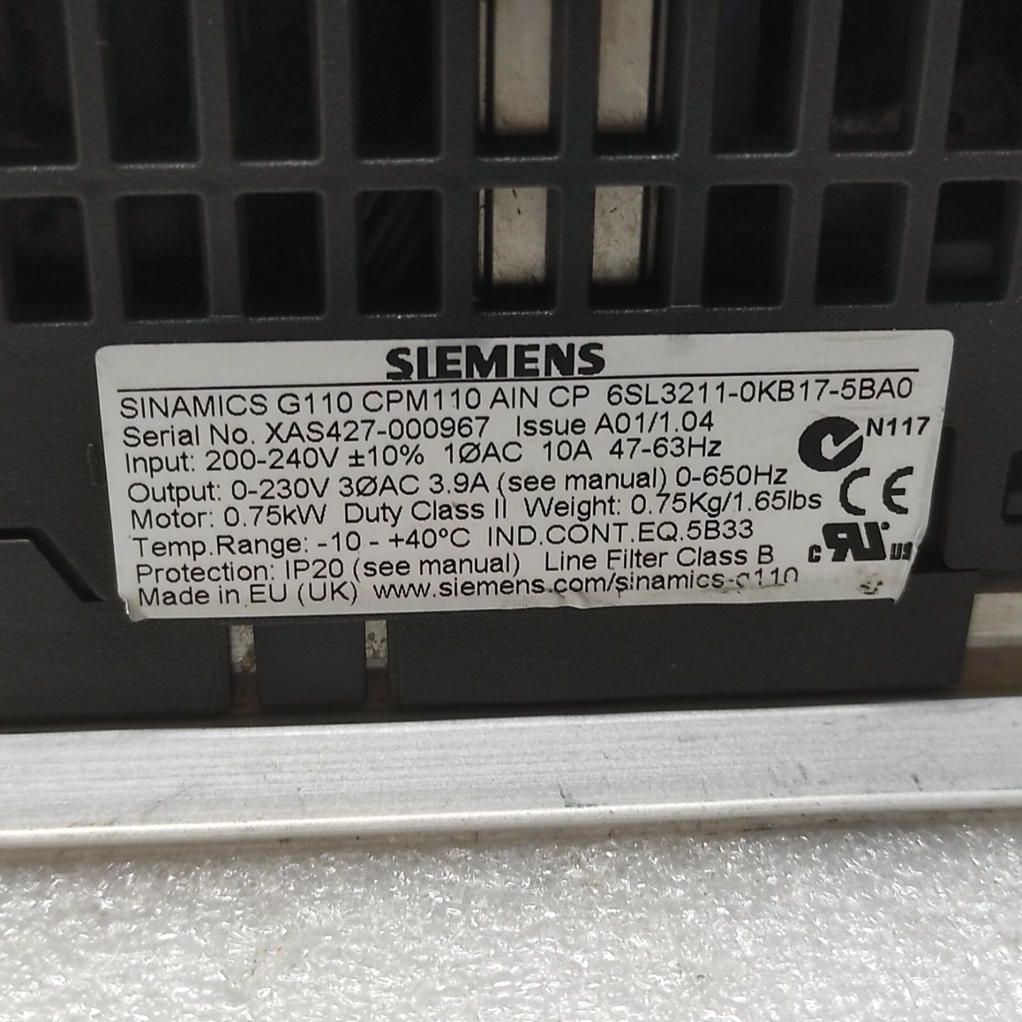 SIEMENS SINAMICS G110 CPM110 0.75kW DRIVE 6SL3211-0KB17-5BA0 200-240V