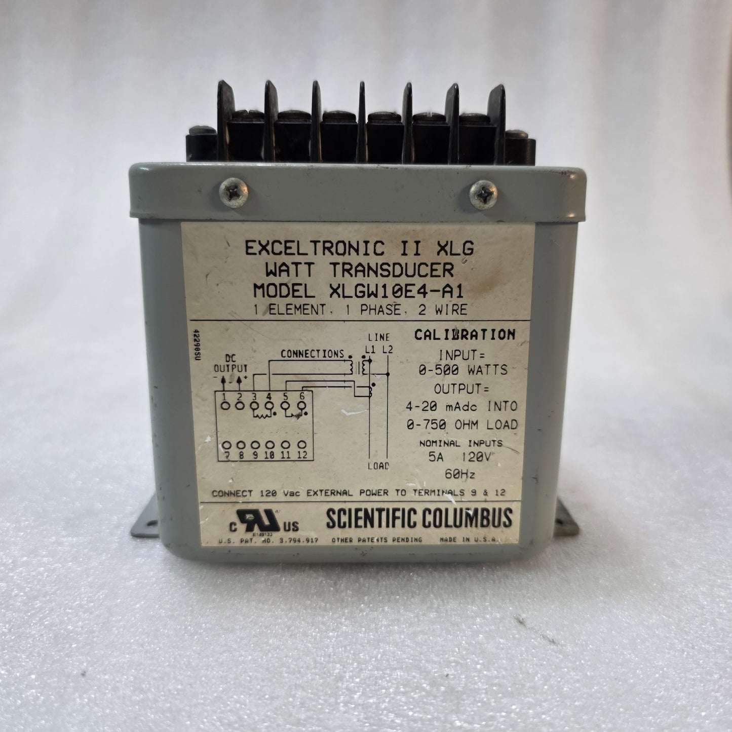 SCIENTIFIC COLUMBUS XLGW10E4-A1 WATT TRANSDUCER 4–20MA OUTPUT 120V AC