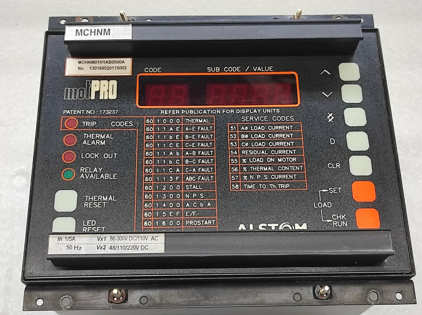 ALSTOM MOTPRO MCHNM PROTECTION RELAY MCHNM01H1AB0500A 130169520115002