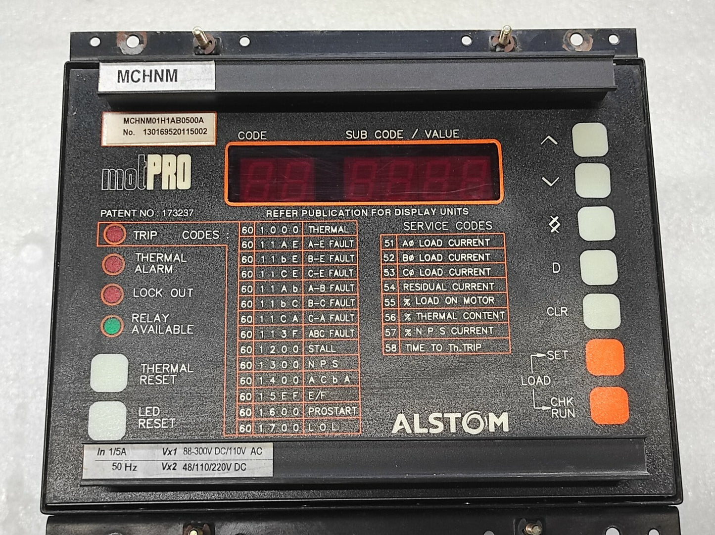 ALSTOM MOTPRO MCHNM PROTECTION RELAY MCHNM01H1AB0500A 130169520115002