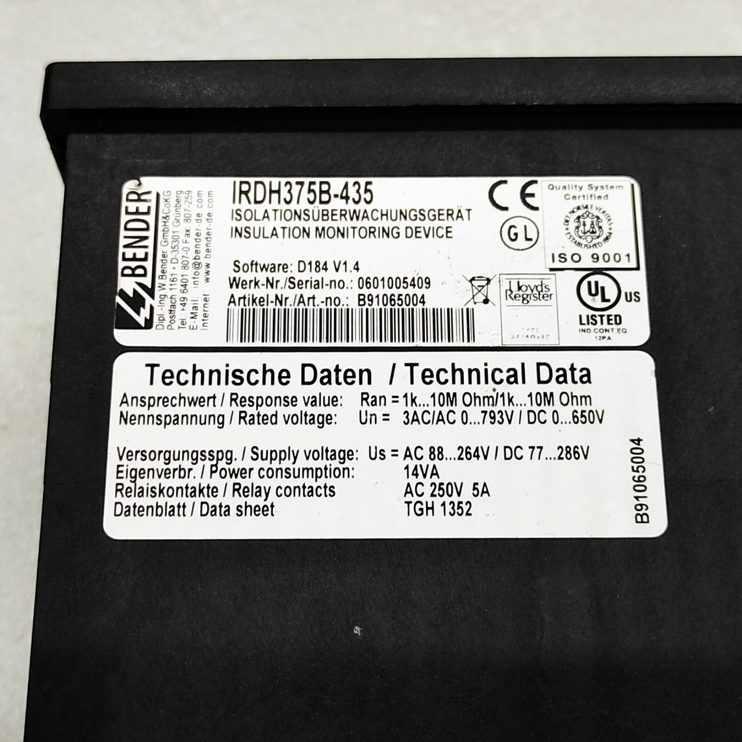 BENDER IRDH375 A-ISOMETER IRDH375B-435 INSULATION MONITORING DEVICE B91065004 88