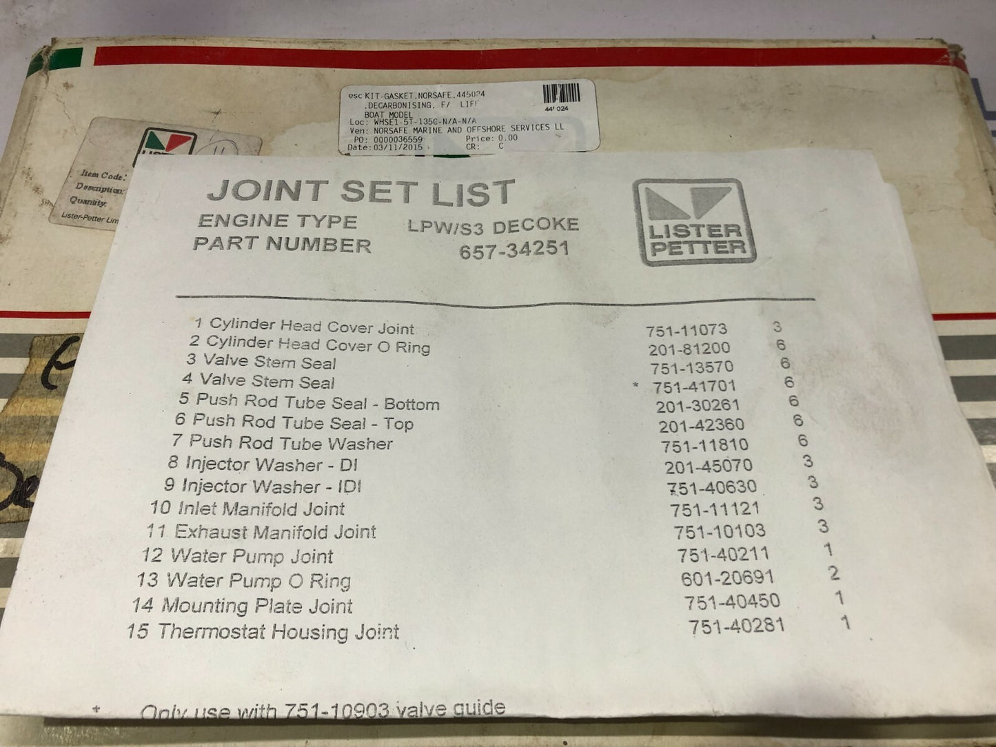 LISTER PETTER 657-34251 LPW3 & LPWS3 DECOKE GASKET SET