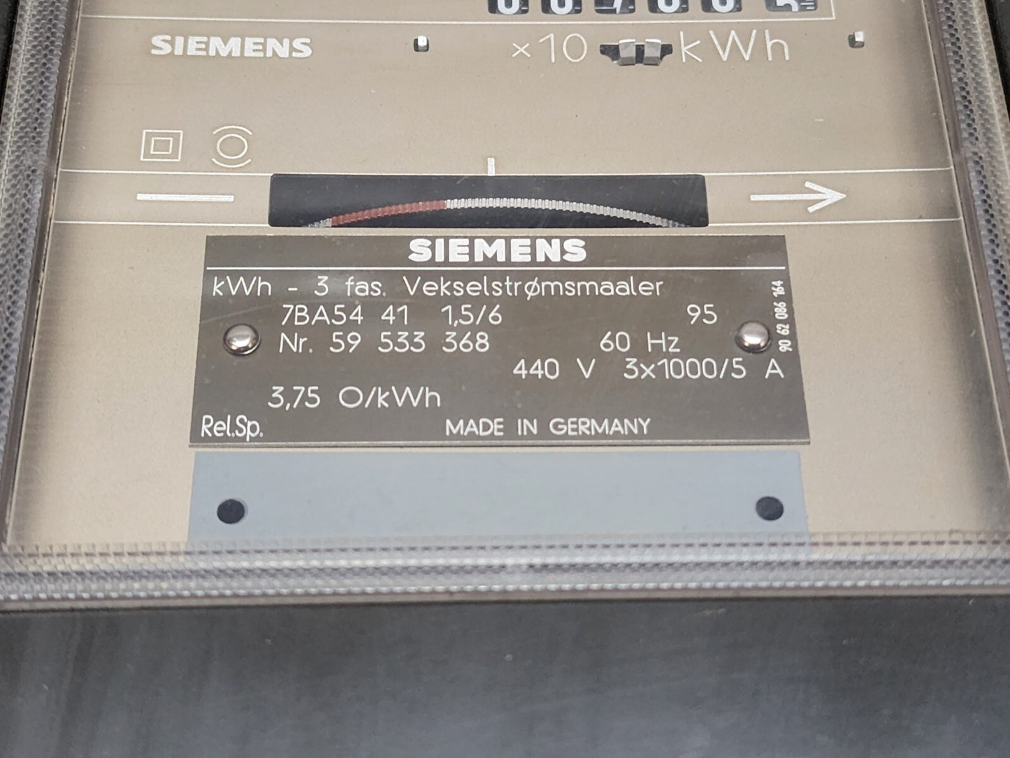 SIEMENS 7BA54 41 1.5/6 kWh 3-PHASE ALTERNATING CURRENT METER  59533368 440V
