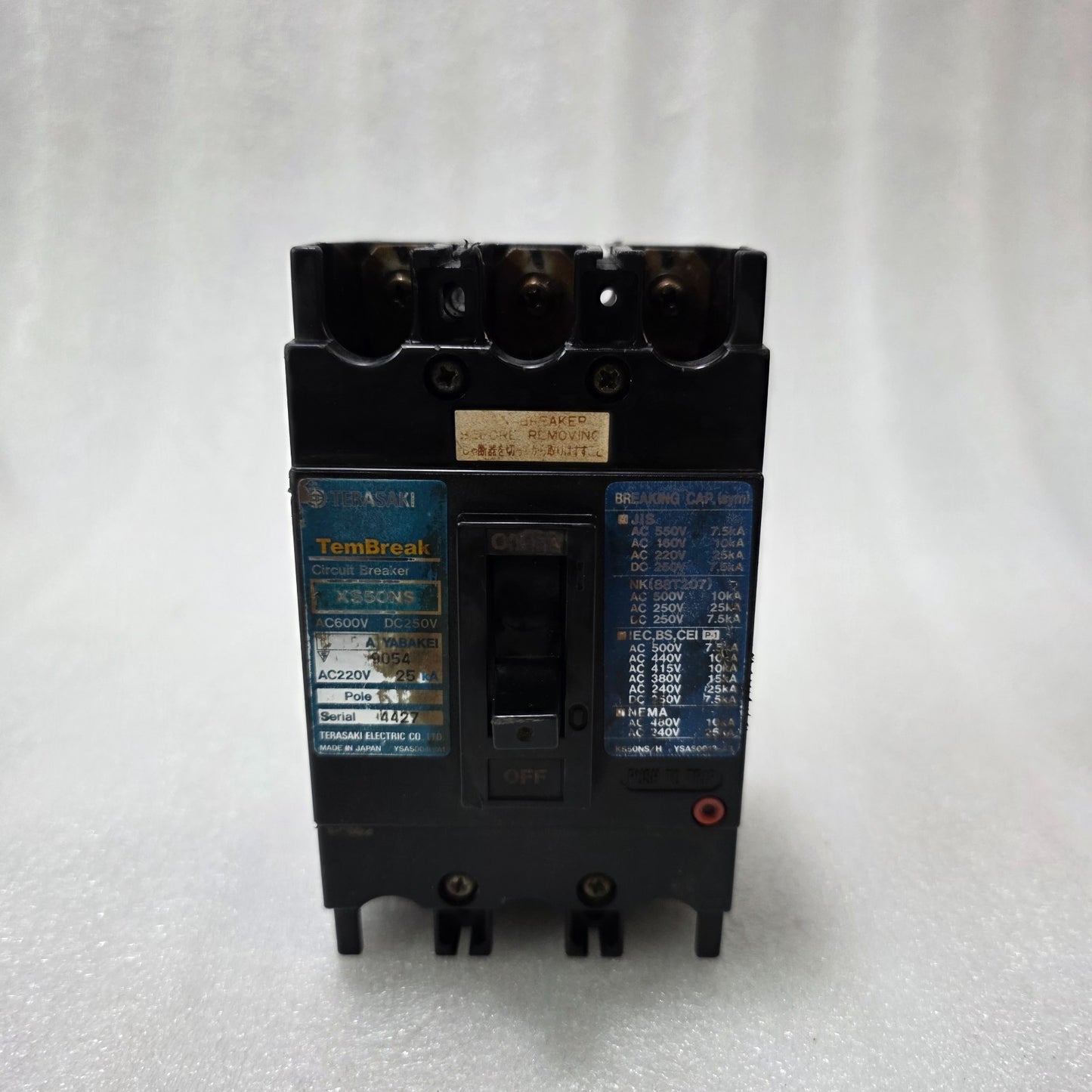 TERASAKI TEMBREAK XS50NS MCCB 15A 3 POLE | 25KA BREAKING CAPACITY | AC600V/DC250