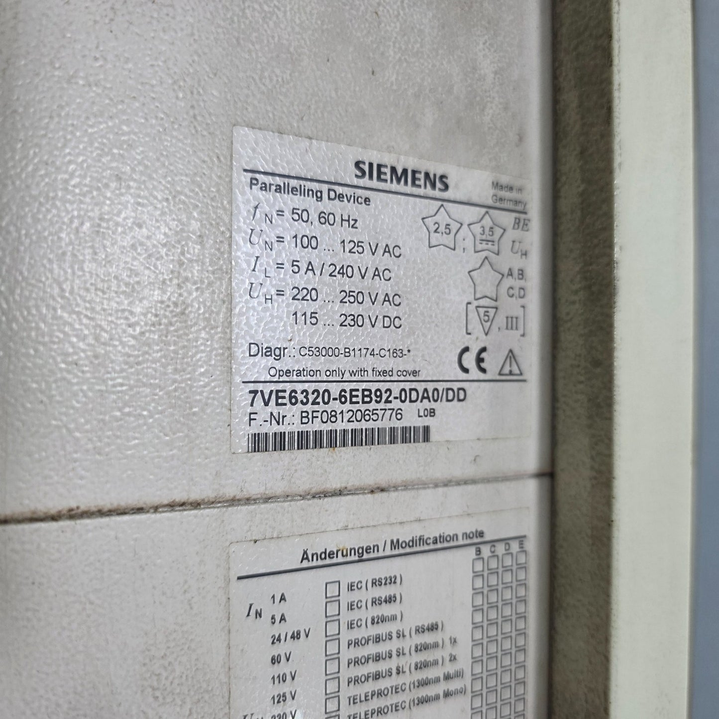 SIEMENS 7VE6320-6EB92-0DA0/DD PARALLELING DEVICE | 100–125V AC