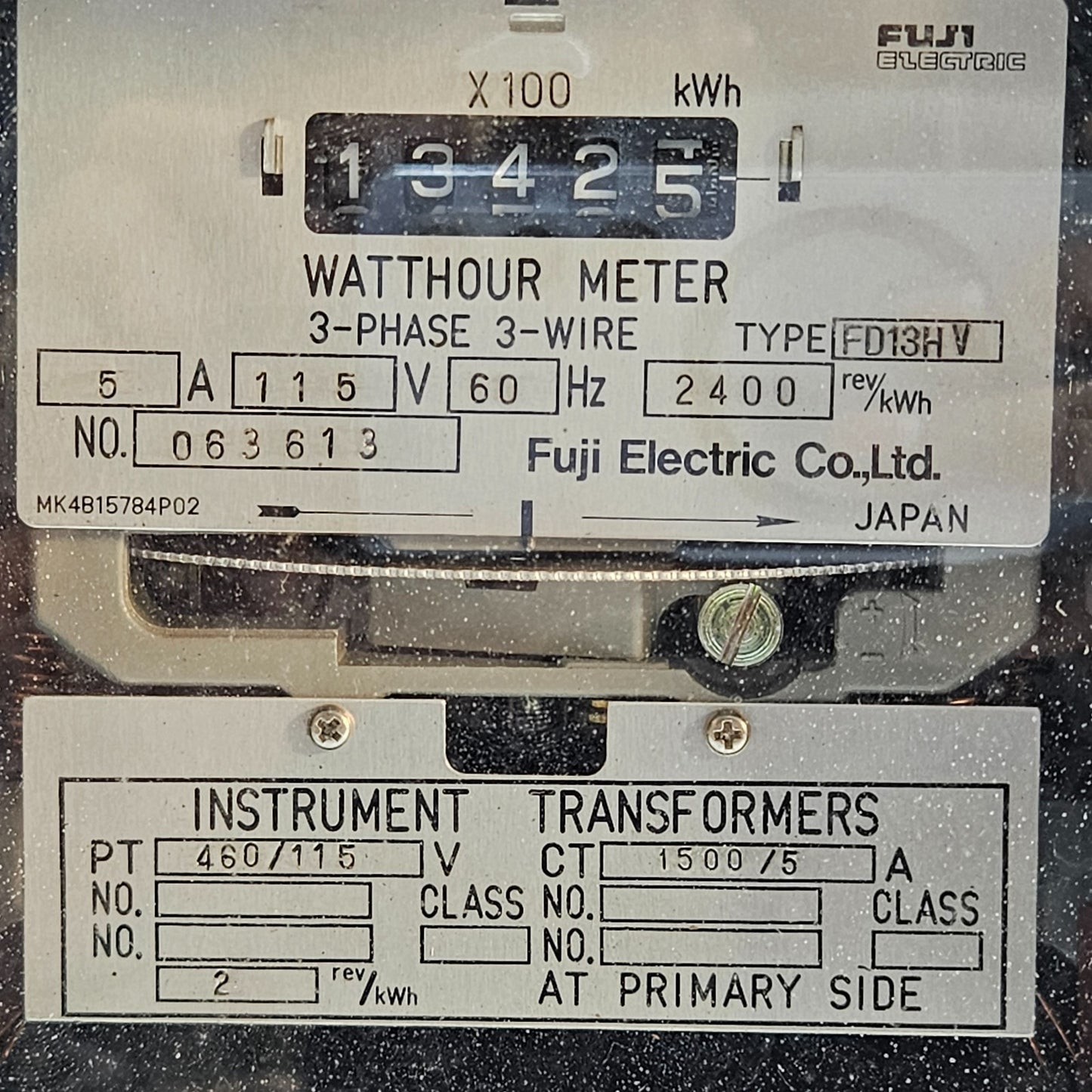 FUJI ELECTRIC FD13HV 3-PHASE 3-WIRE WATTHOUR METER, 115V, 5A, 60HZ, CT/PT OPERAT