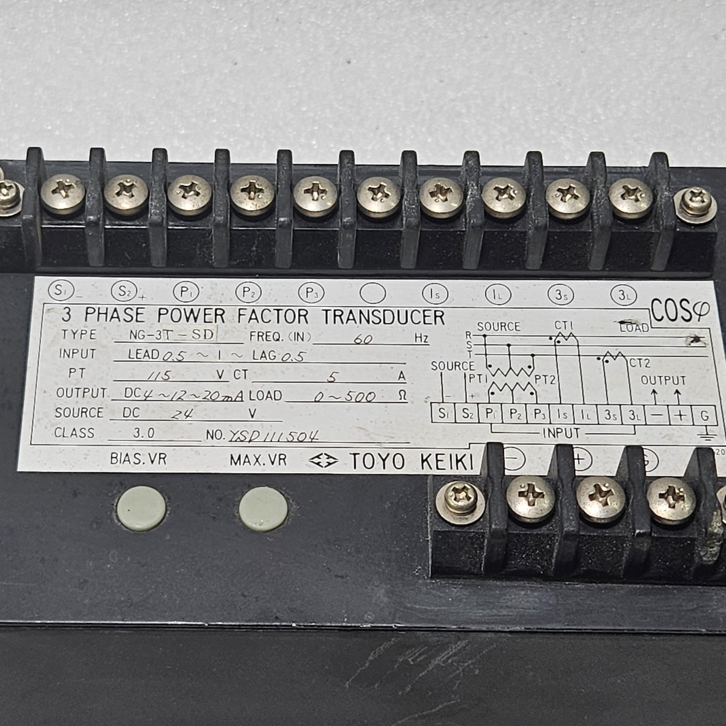 TOYO KEIKI NG-3T-SD 3-PHASE POWER FACTOR TRANSDUCER DC 4–12–20MA 60HZ